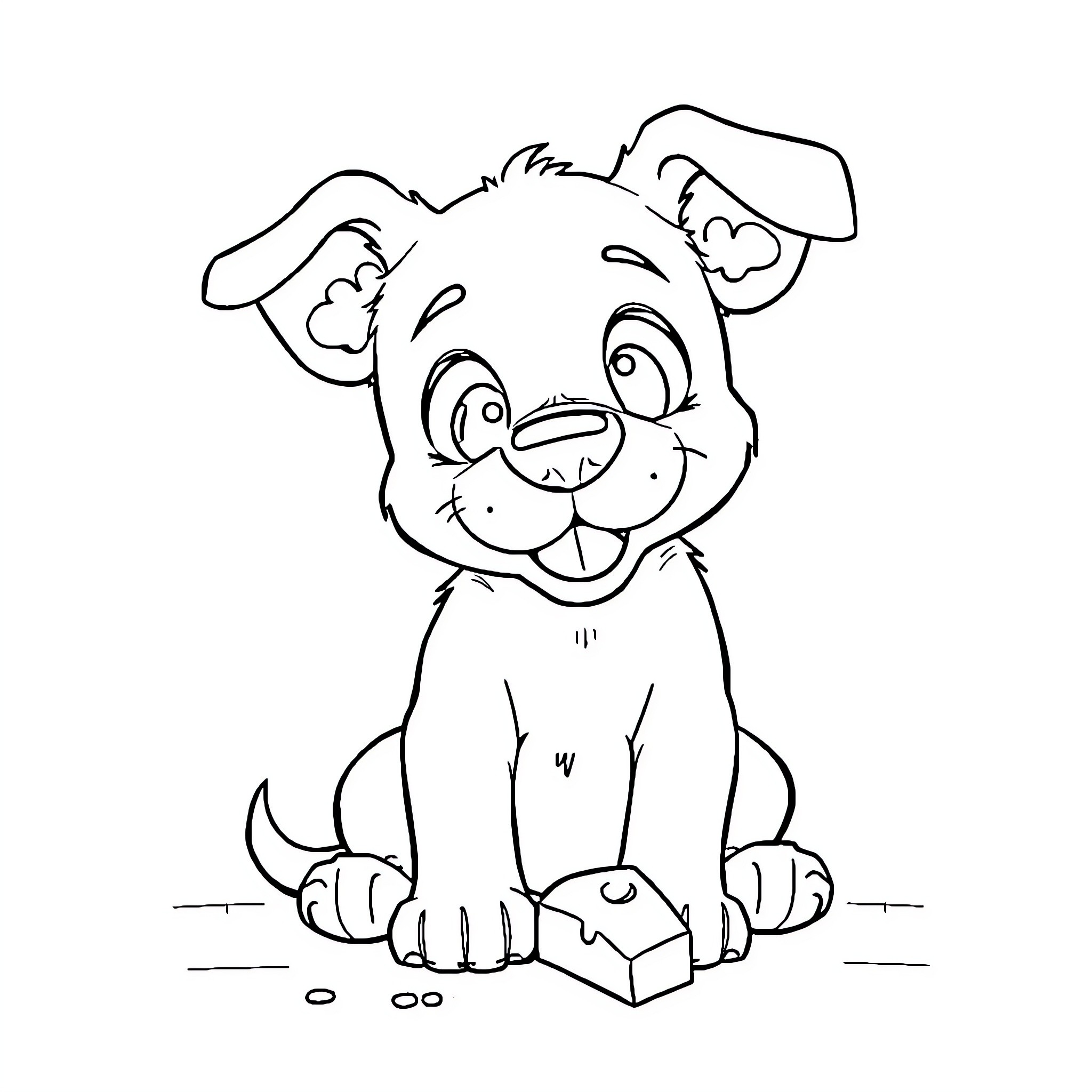 Dog sitting happily with toy Coloring Page (free black-and-white line drawing printable PDF for all, from beginners to advanced learners, including children, teens, adults, and seniors)