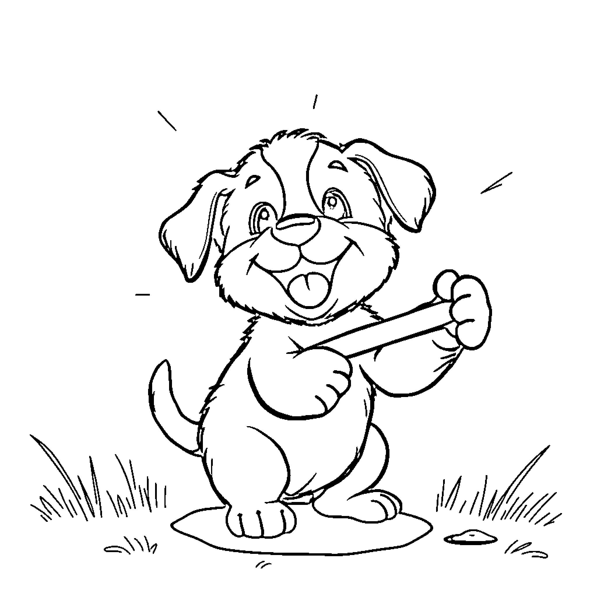 Puppy playing with a stick in the grass Coloring Page (free black-and-white line drawing printable PDF for all, from beginners to advanced learners, including children, teens, adults, and seniors)