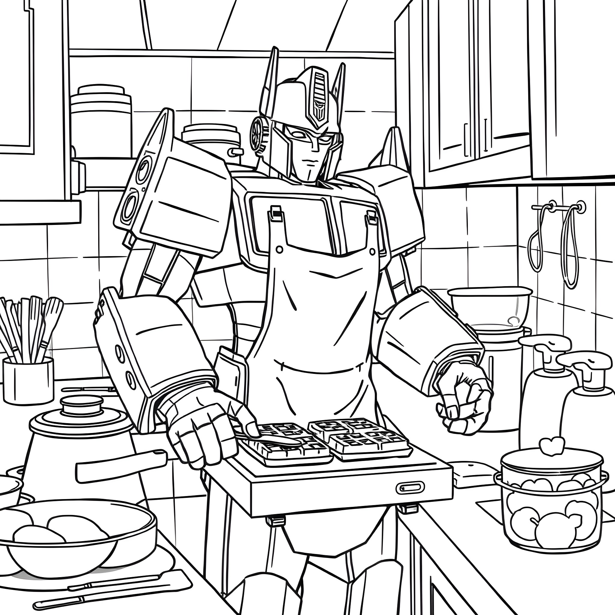 Optimus Prime in a Transformers-themed kitchen scene Coloring Page (free black-and-white line drawing printable PDF for all, from beginners to advanced learners, including children, teens, adults, and seniors)