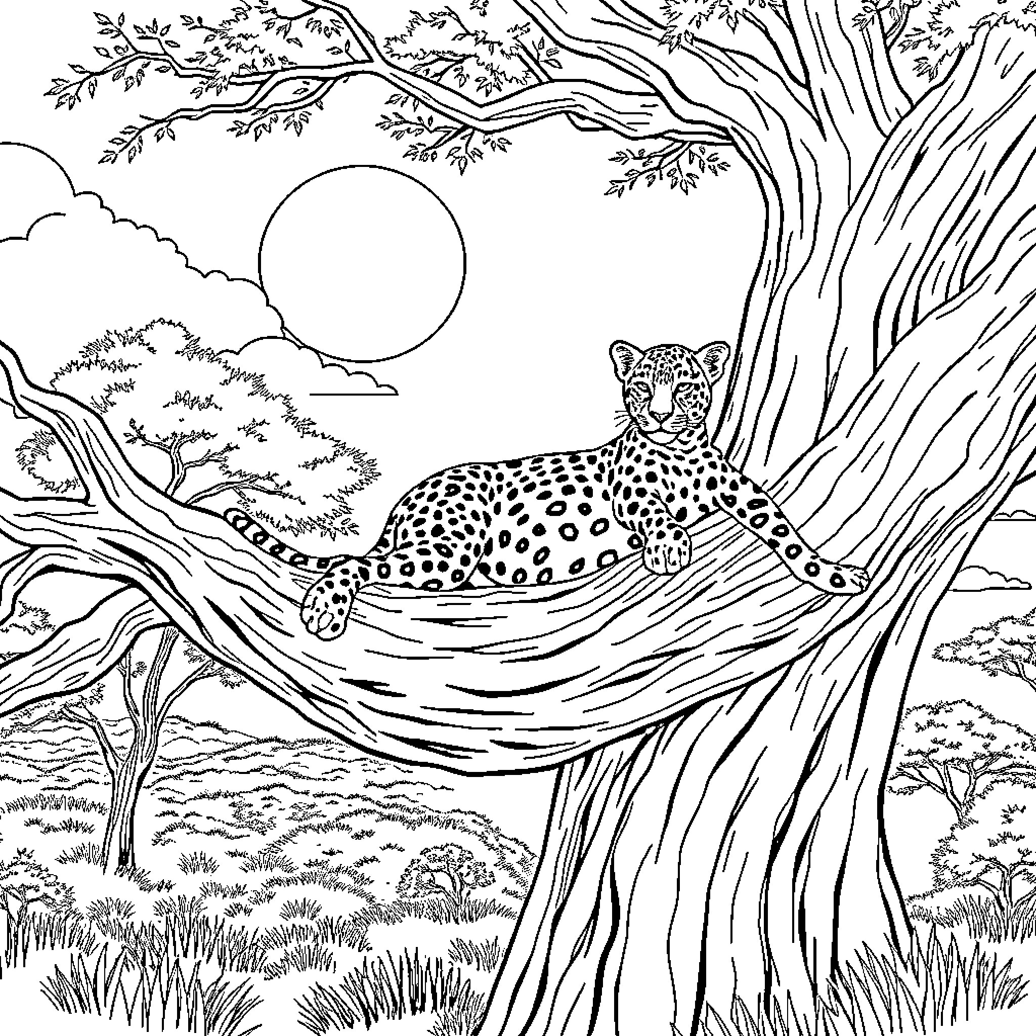 Leopard resting on a tree in a serene landscape Coloring Page (free black-and-white line drawing printable PDF for all, from beginners to advanced learners, including children, teens, adults, and seniors)