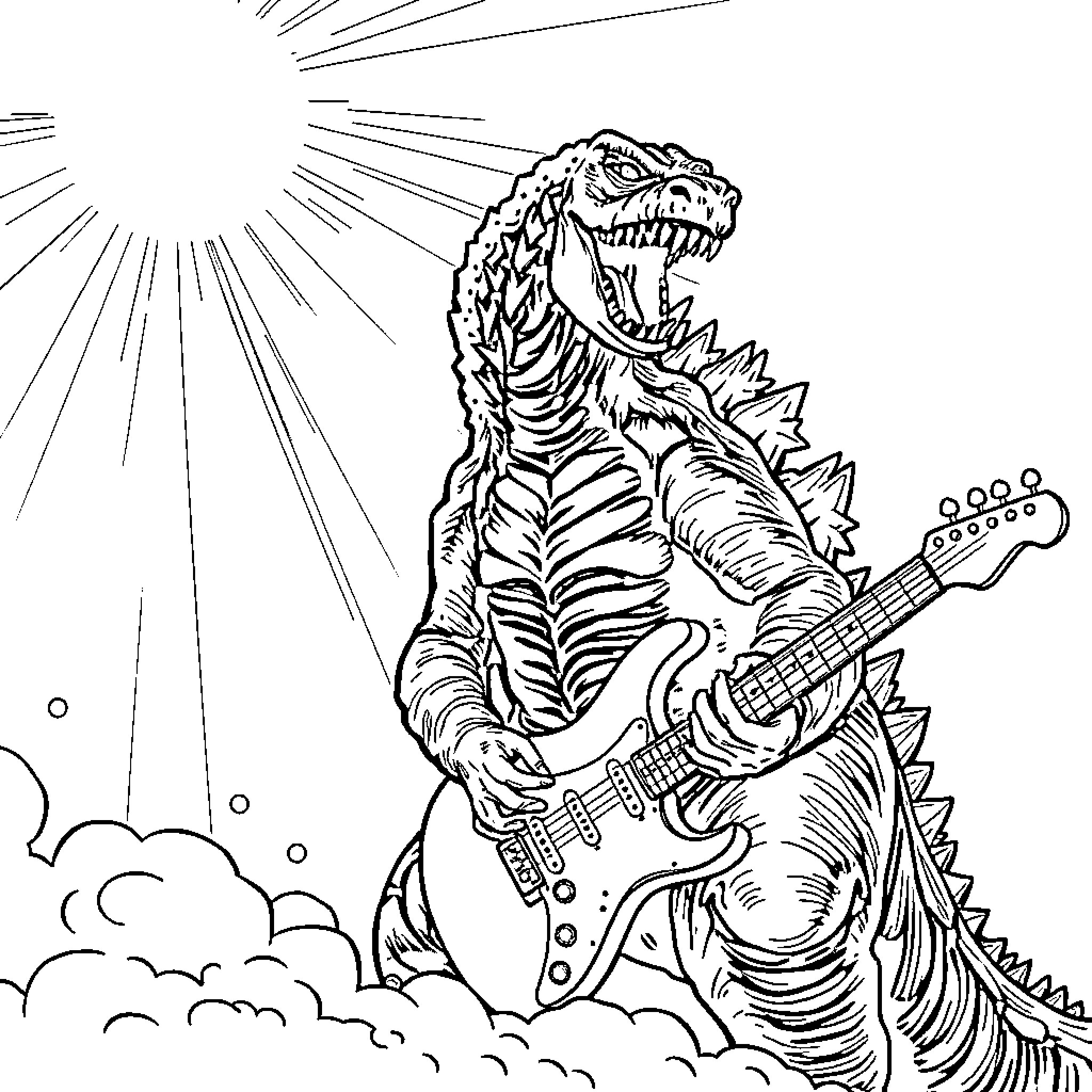 Godzilla rocks out with electric guitar in the sky Coloring Page (free black-and-white line drawing printable PDF for all, from beginners to advanced learners, including children, teens, adults, and seniors)