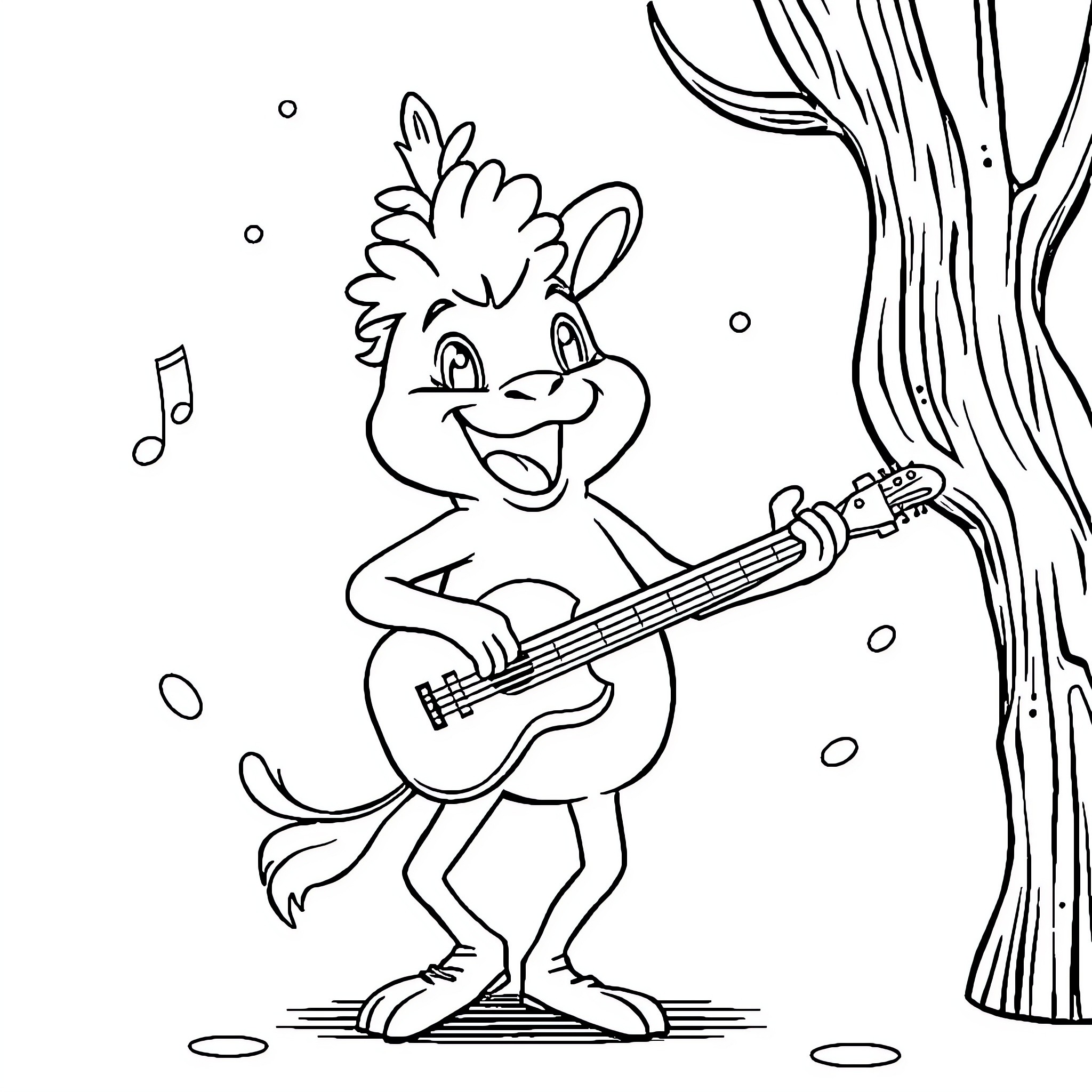 Labubu playing guitar cheerfully in forest Coloring Page (free black-and-white line drawing printable PDF for all, from beginners to advanced learners, including children, teens, adults, and seniors)