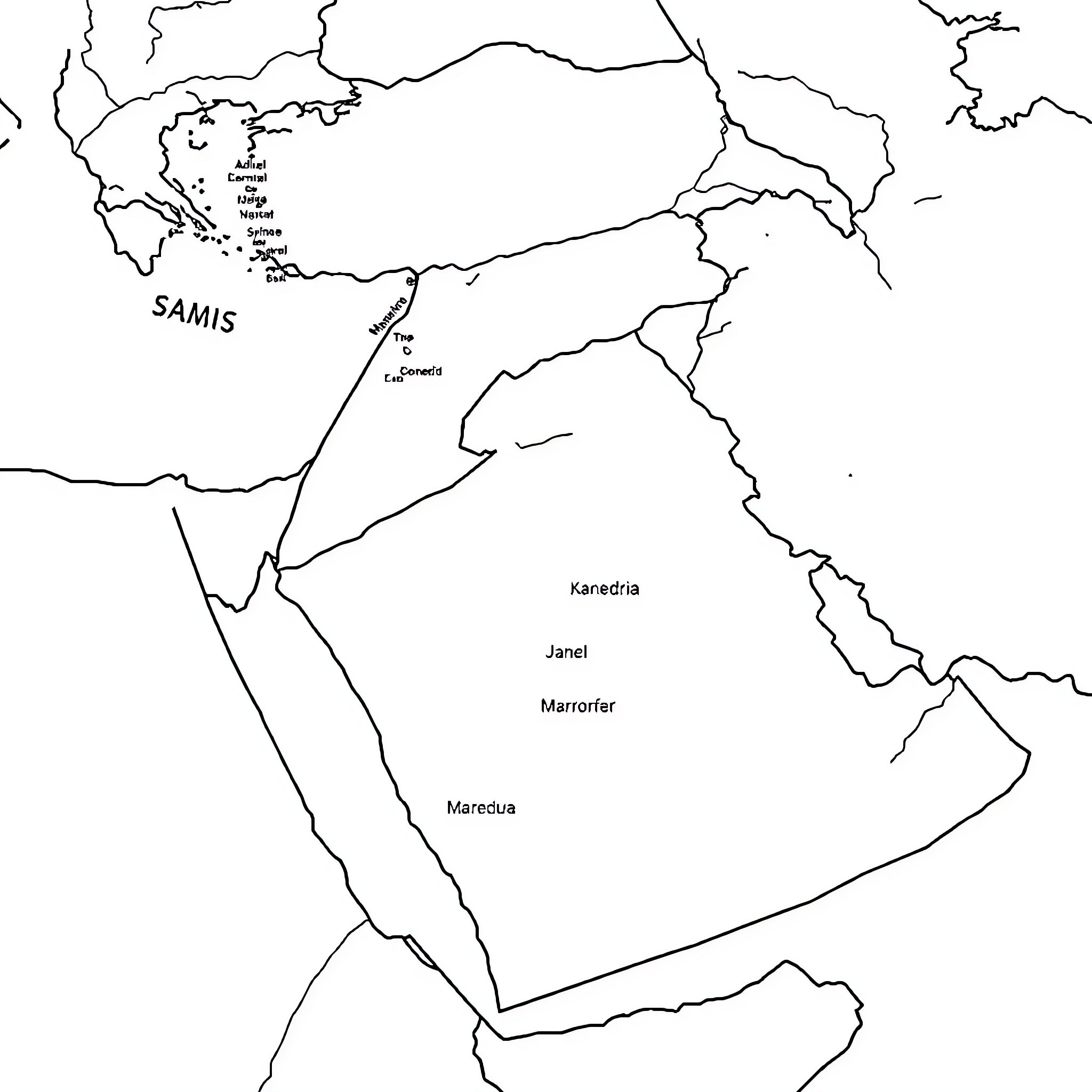 Map of Middle Eastern countries and regions Coloring Page (free black-and-white line drawing printable PDF for all, from beginners to advanced learners, including children, teens, adults, and seniors)