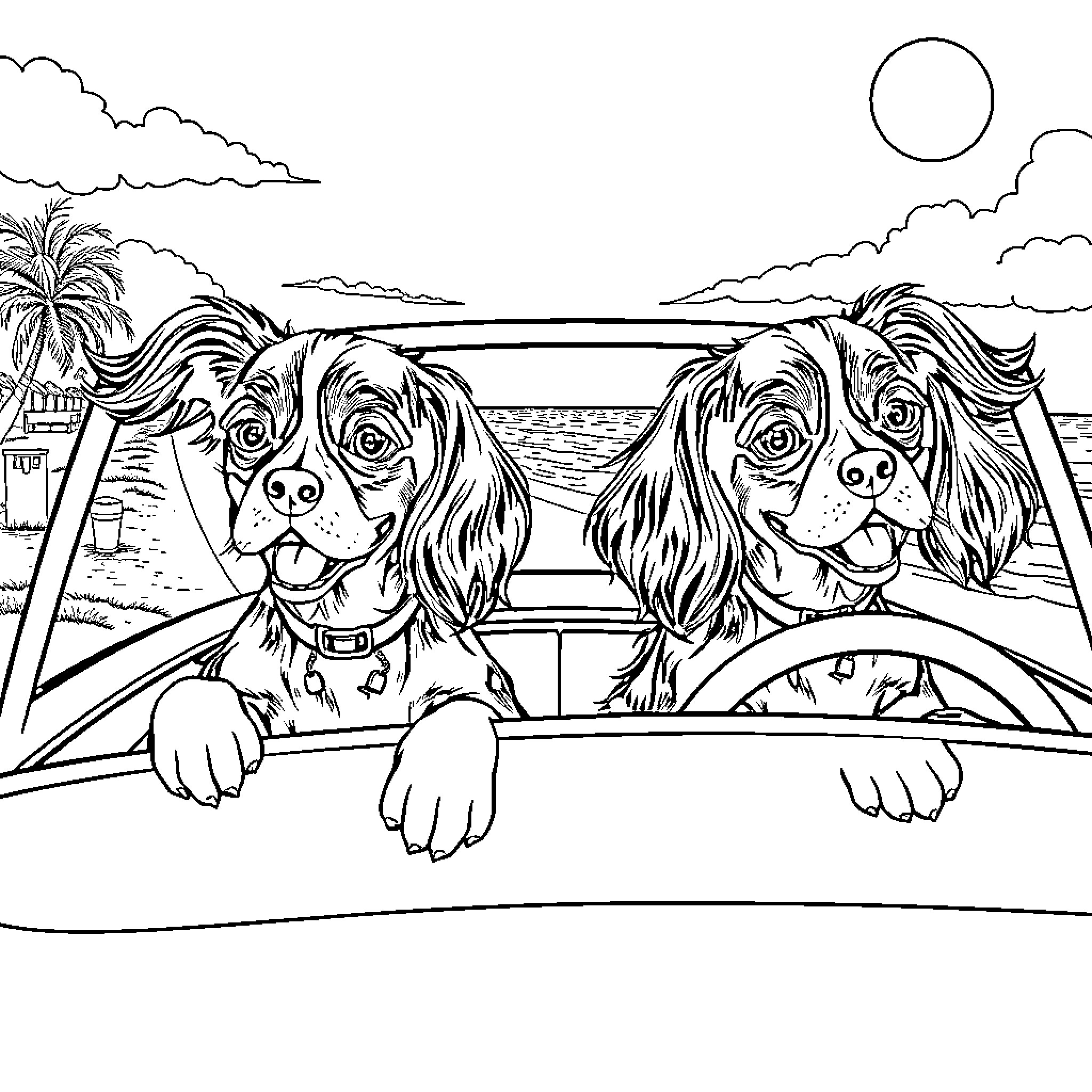 Cavalier King Charles Spaniels Driving Carefree on the Beach Coloring Page (free black-and-white line drawing printable PDF for all, from beginners to advanced learners, including children, teens, adults, and seniors)
