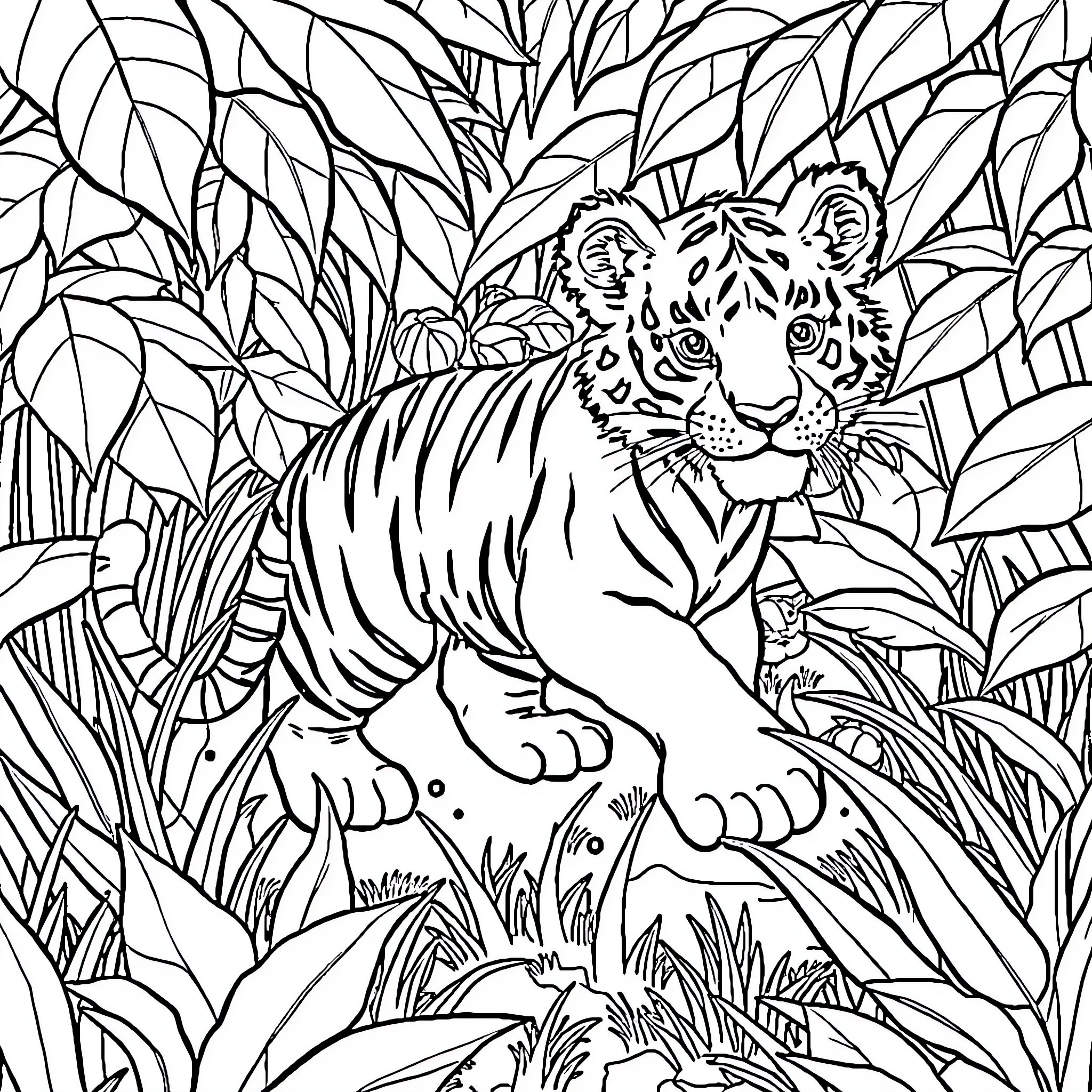Tiger Prowling Through Lush Jungle Foliage Coloring Page (free black-and-white line drawing printable PDF for all, from beginners to advanced learners, including children, teens, adults, and seniors)