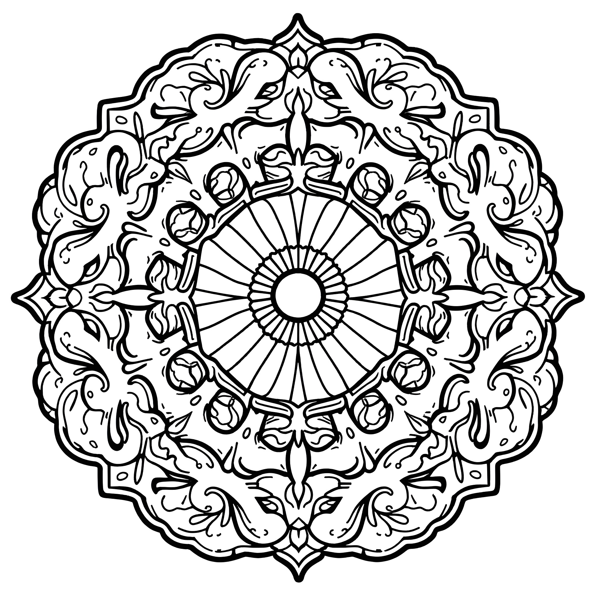 Mandala with ornate floral patterns and symmetrical design Coloring Page (free black-and-white line drawing printable PDF for all, from beginners to advanced learners, including children, teens, adults, and seniors)