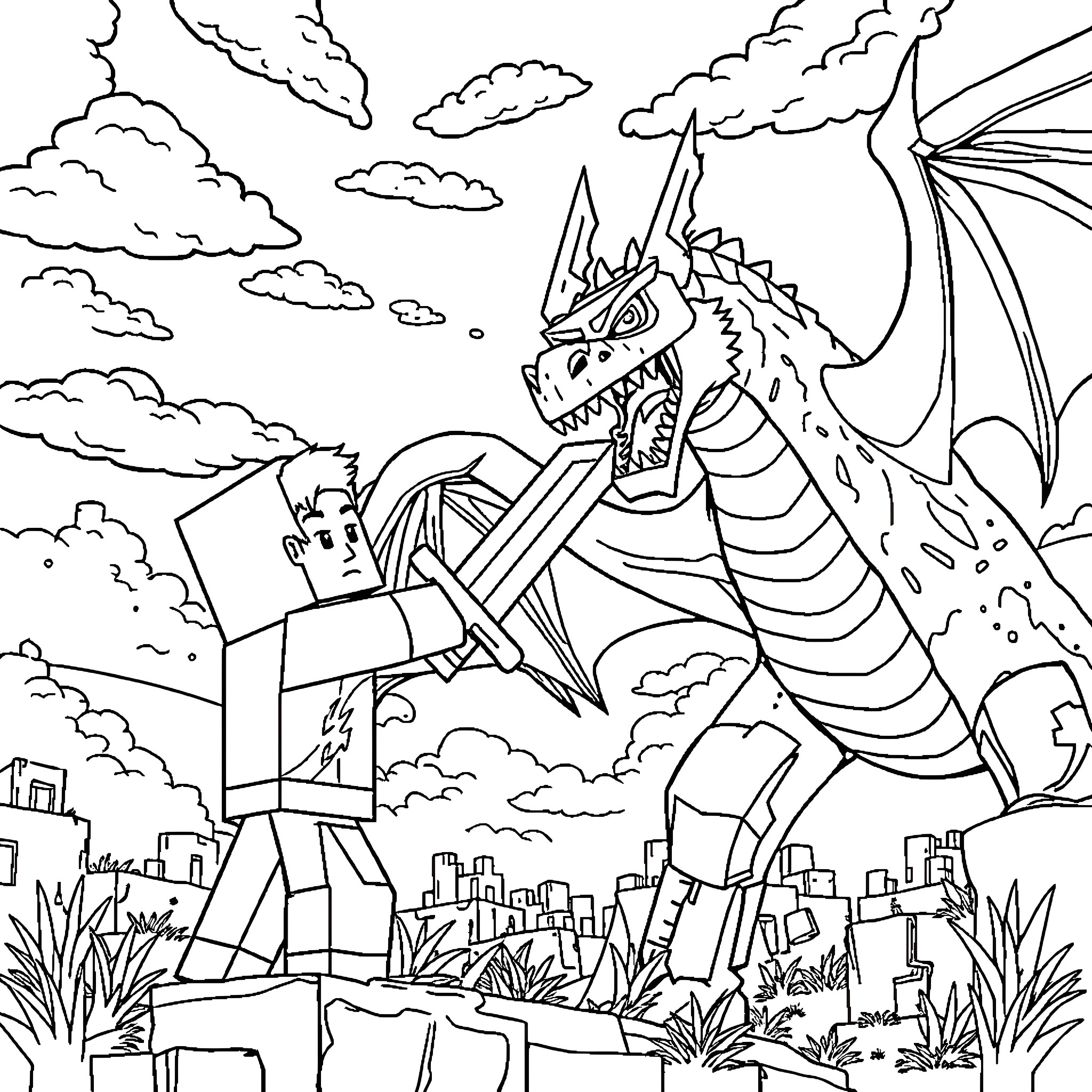 Steve's heroic encounter with a mighty dragon over the cityscape Coloring Page (free black-and-white line drawing printable PDF for all, from beginners to advanced learners, including children, teens, adults, and seniors)