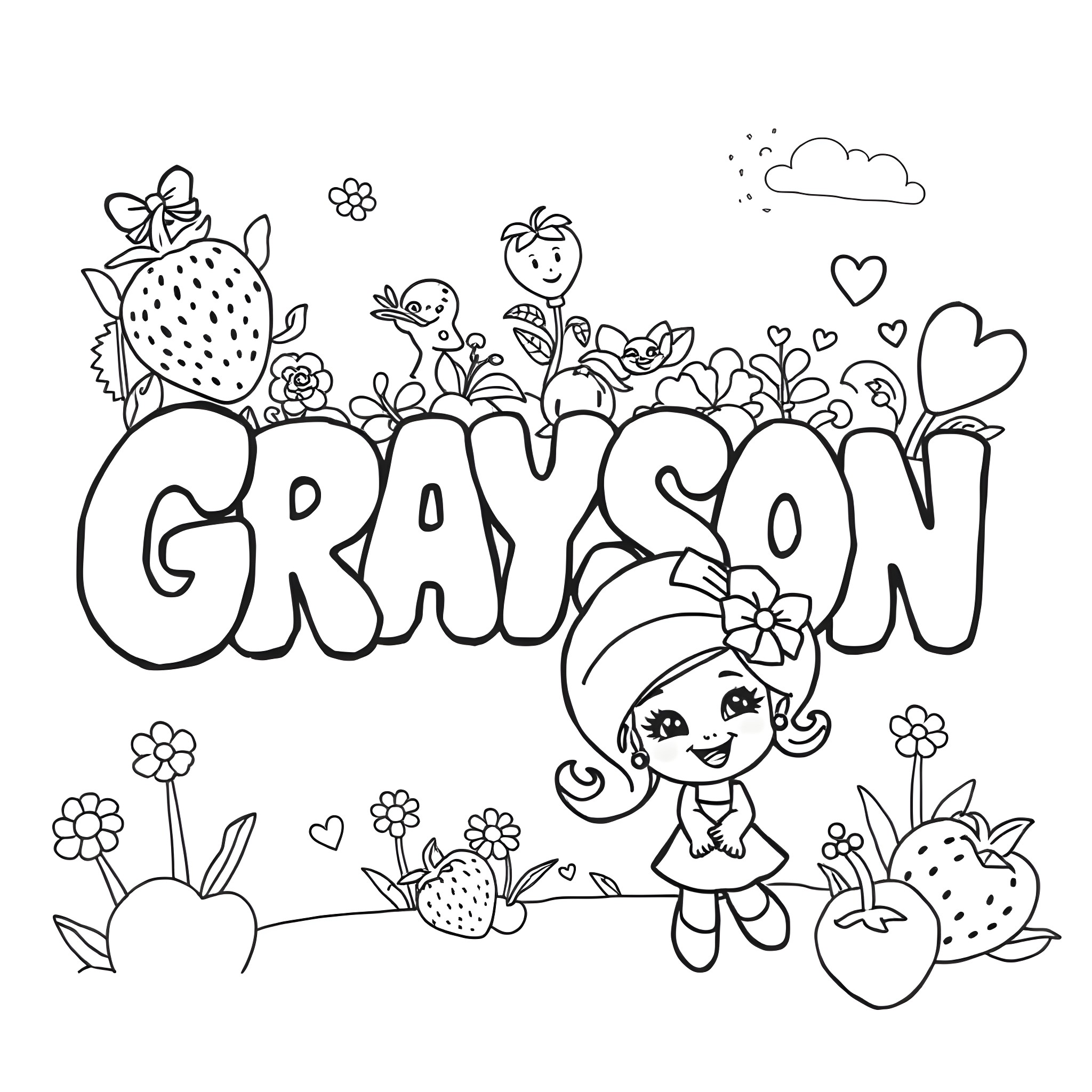Grayson enjoying the nature with strawberries and flowers Coloring Page (free black-and-white line drawing printable PDF for all, from beginners to advanced learners, including children, teens, adults, and seniors)