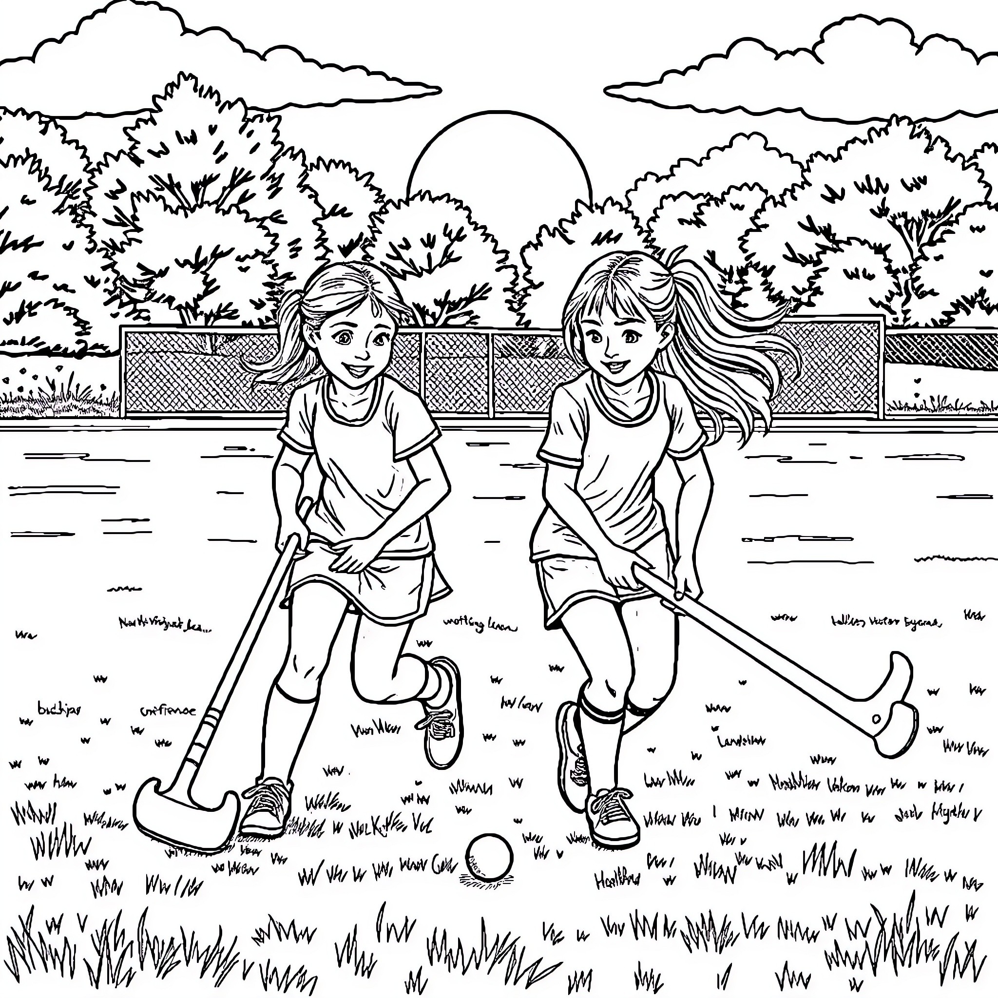 Sister's Joyful Play in the Park Coloring Page (free black-and-white line drawing printable PDF for all, from beginners to advanced learners, including children, teens, adults, and seniors)