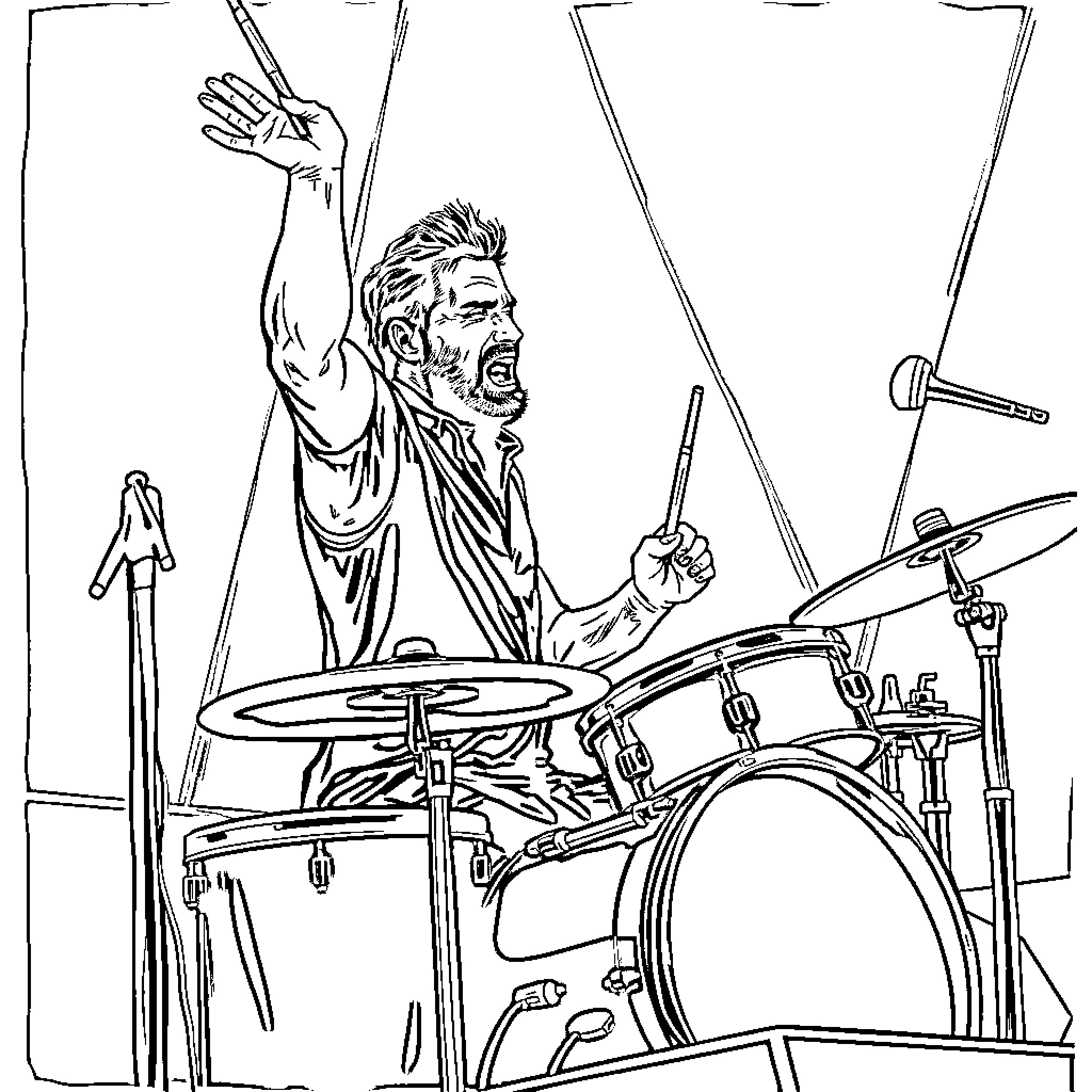 Tasos Diamantidis performing on stage with drums Coloring Page (free black-and-white line drawing printable PDF for all, from beginners to advanced learners, including children, teens, adults, and seniors)