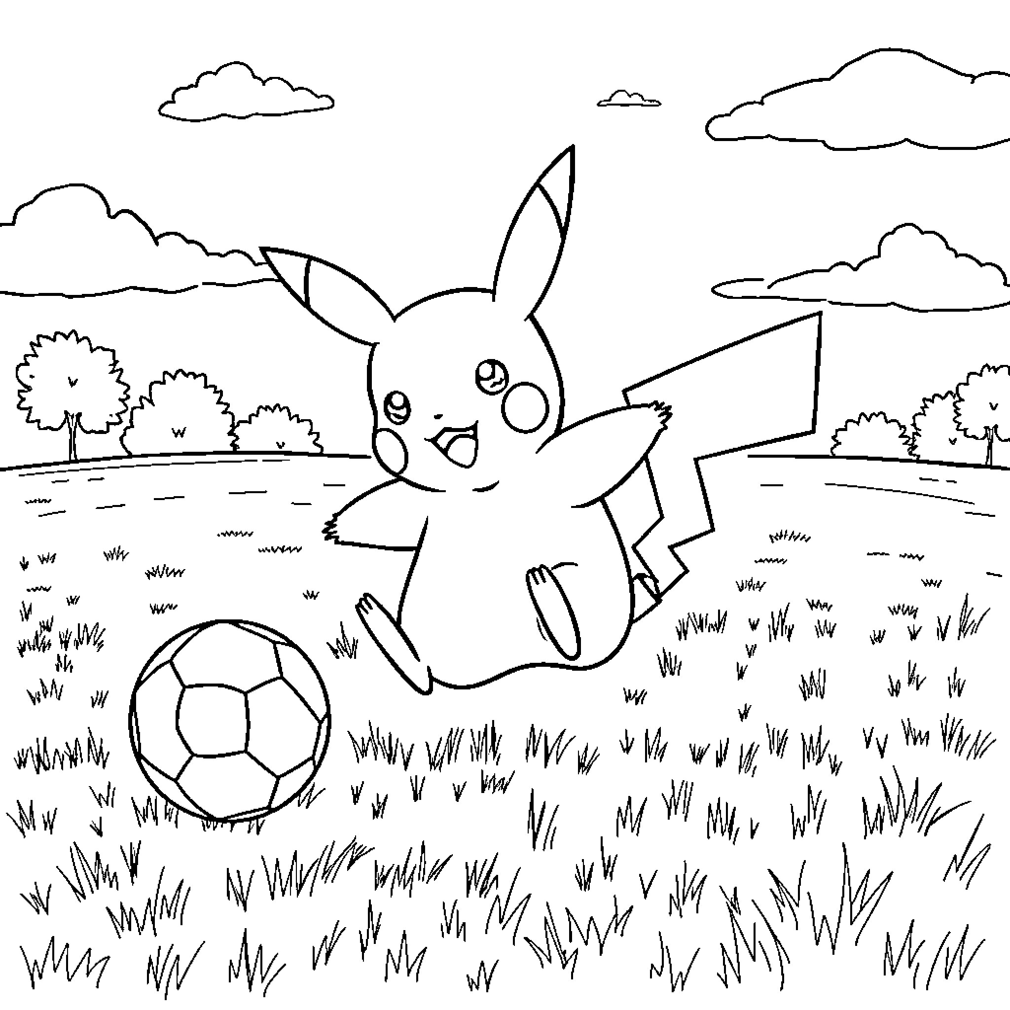 Pikachu playing soccer in a grassy field Coloring Page (free black-and-white line drawing printable PDF for all, from beginners to advanced learners, including children, teens, adults, and seniors)