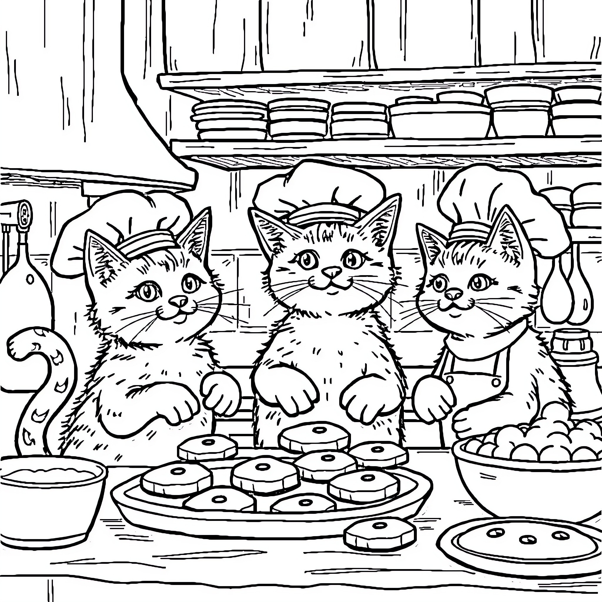 Cat Kittens Enjoying Treats in the Kitchen Coloring Page (free black-and-white line drawing printable PDF for all, from beginners to advanced learners, including children, teens, adults, and seniors)