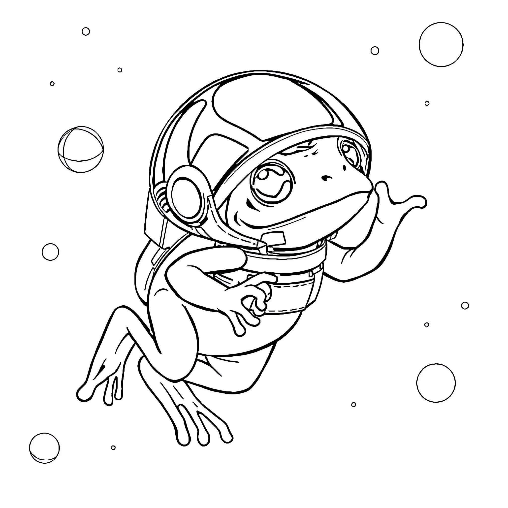 Frog astronaut floating in space Coloring Page (free black-and-white line drawing printable PDF for all, from beginners to advanced learners, including children, teens, adults, and seniors)