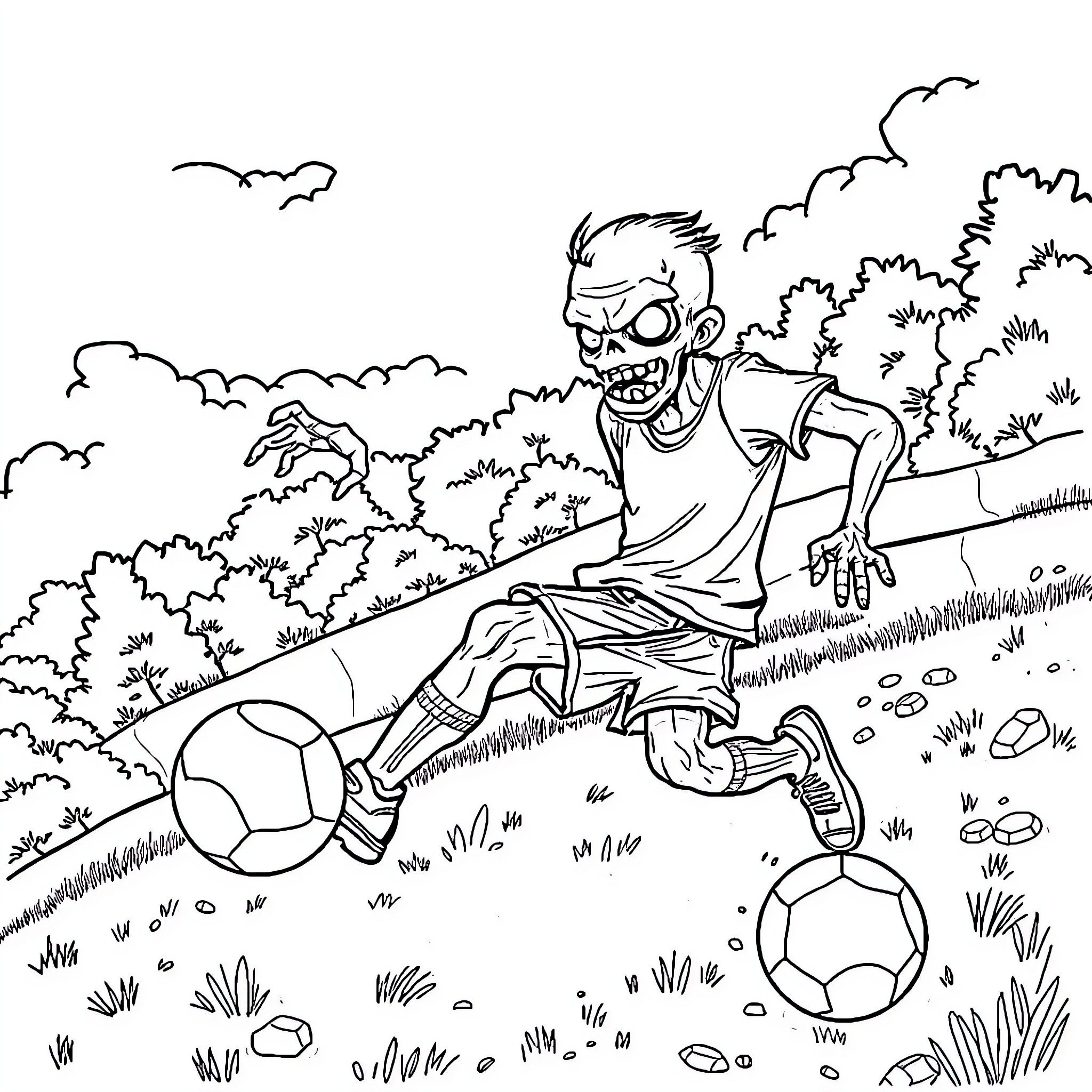 Zombie soccer player in the grassy field Coloring Page (free black-and-white line drawing printable PDF for all, from beginners to advanced learners, including children, teens, adults, and seniors)