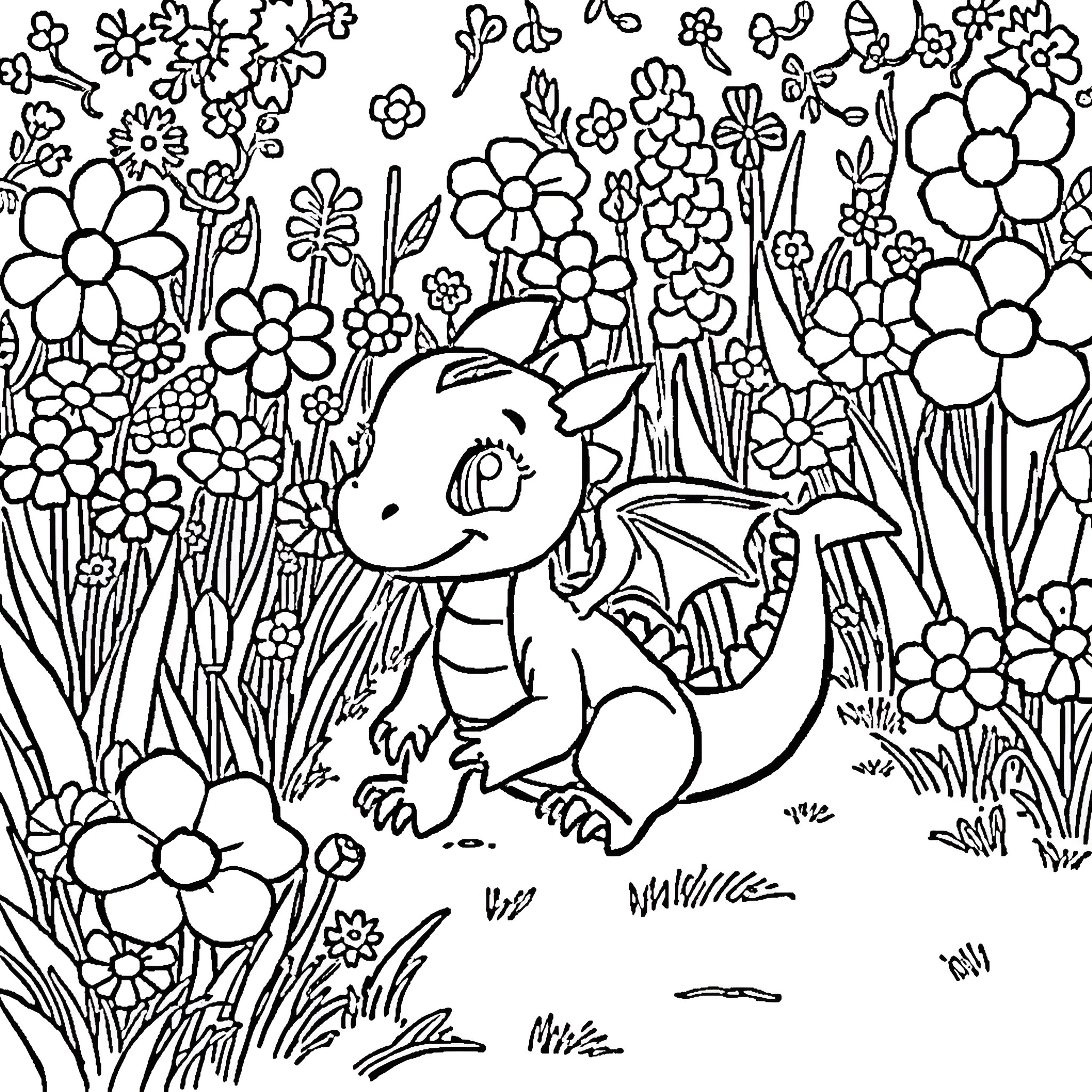Dragon hiding in a floral garden Coloring Page (free black-and-white line drawing printable PDF for all, from beginners to advanced learners, including children, teens, adults, and seniors)
