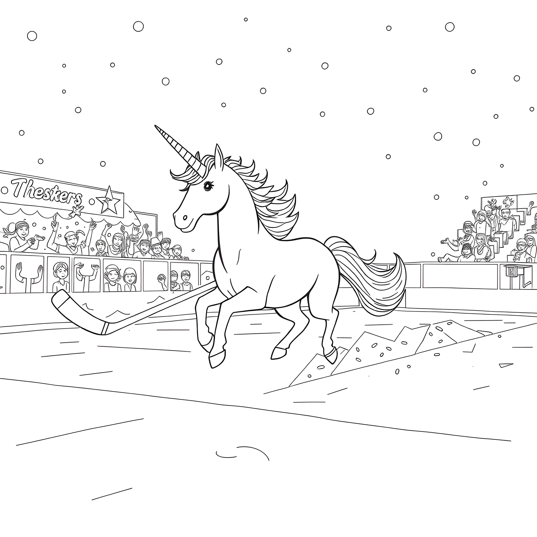 Unicorn galloping through a lively theater scene Coloring Page (free black-and-white line drawing printable PDF for all, from beginners to advanced learners, including children, teens, adults, and seniors)