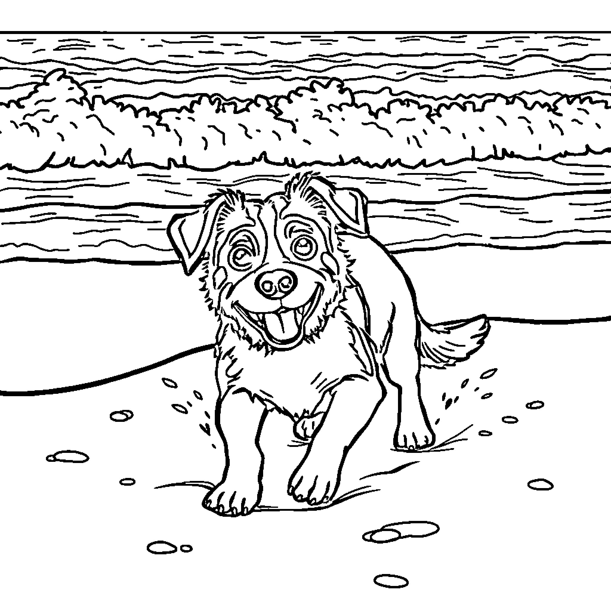 Dog enjoying a day at the beach Coloring Page (free black-and-white line drawing printable PDF for all, from beginners to advanced learners, including children, teens, adults, and seniors)