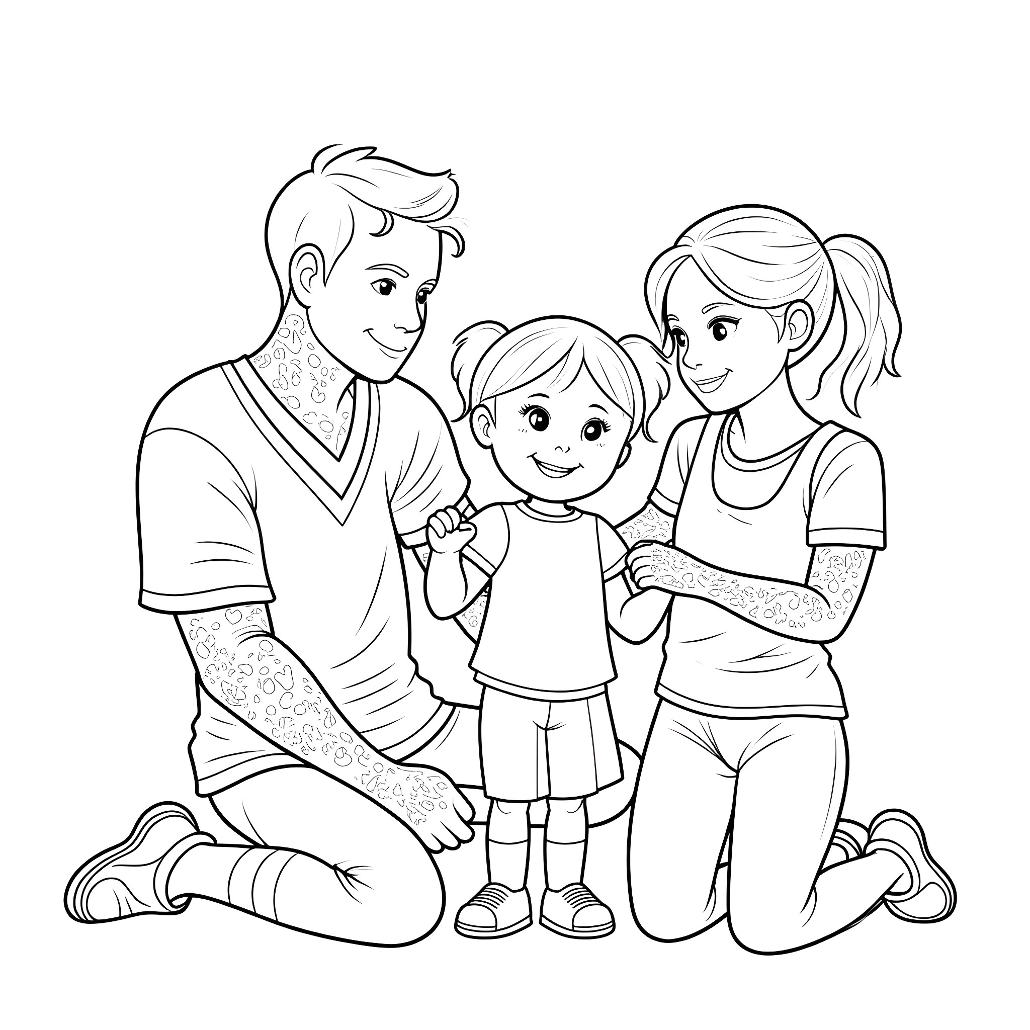 Girl with her happy family Coloring Page (free black-and-white line drawing printable PDF for all, from beginners to advanced learners, including children, teens, adults, and seniors)