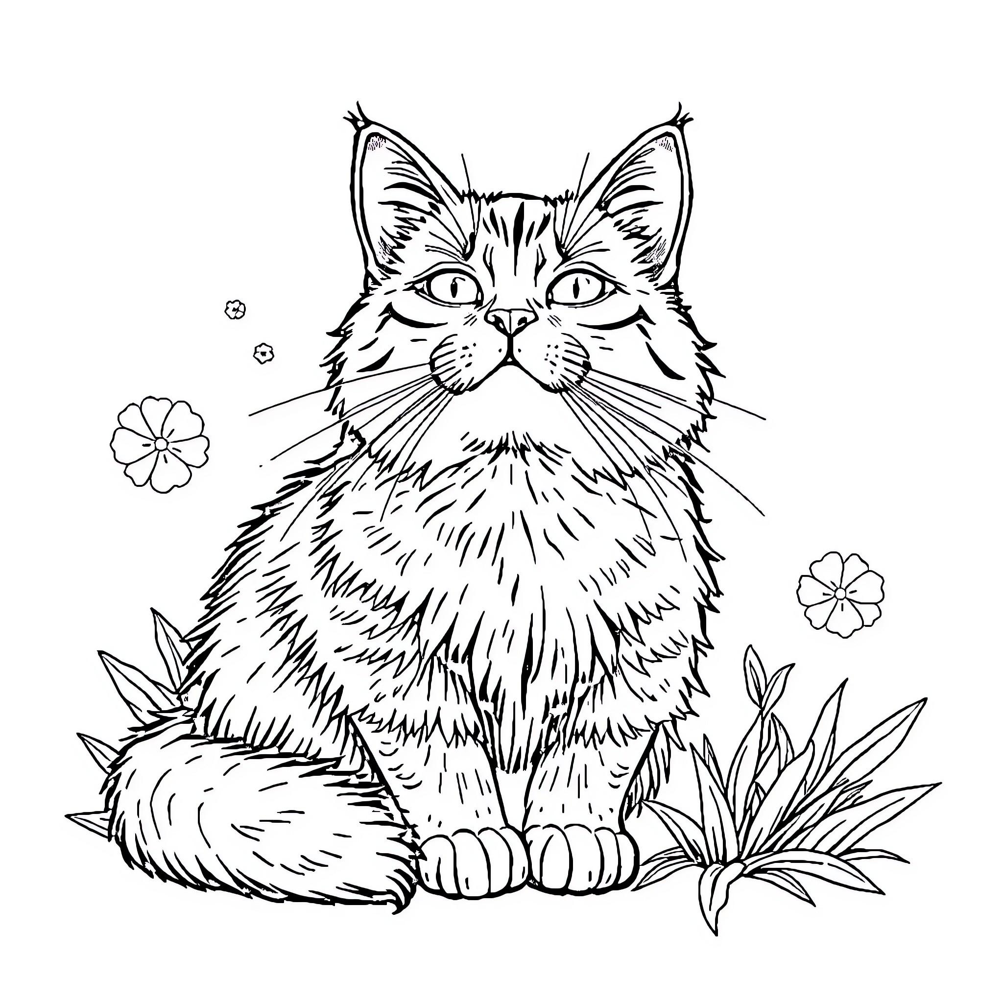 Cat Sitting Amidst Flowers Coloring Page (free black-and-white line drawing printable PDF for all, from beginners to advanced learners, including children, teens, adults, and seniors)