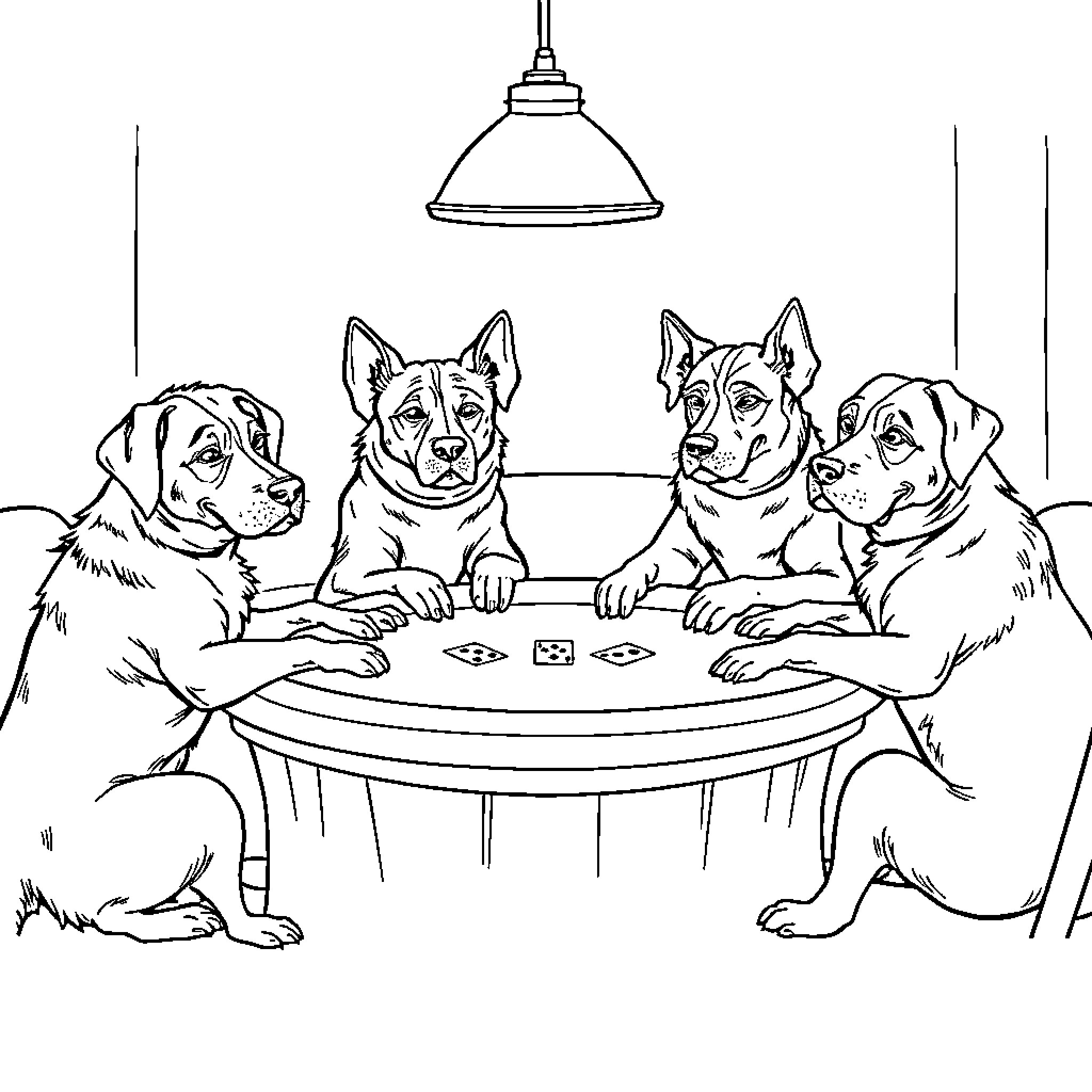 Dogs Playing Cards Together in Room Coloring Page (free black-and-white line drawing printable PDF for all, from beginners to advanced learners, including children, teens, adults, and seniors)