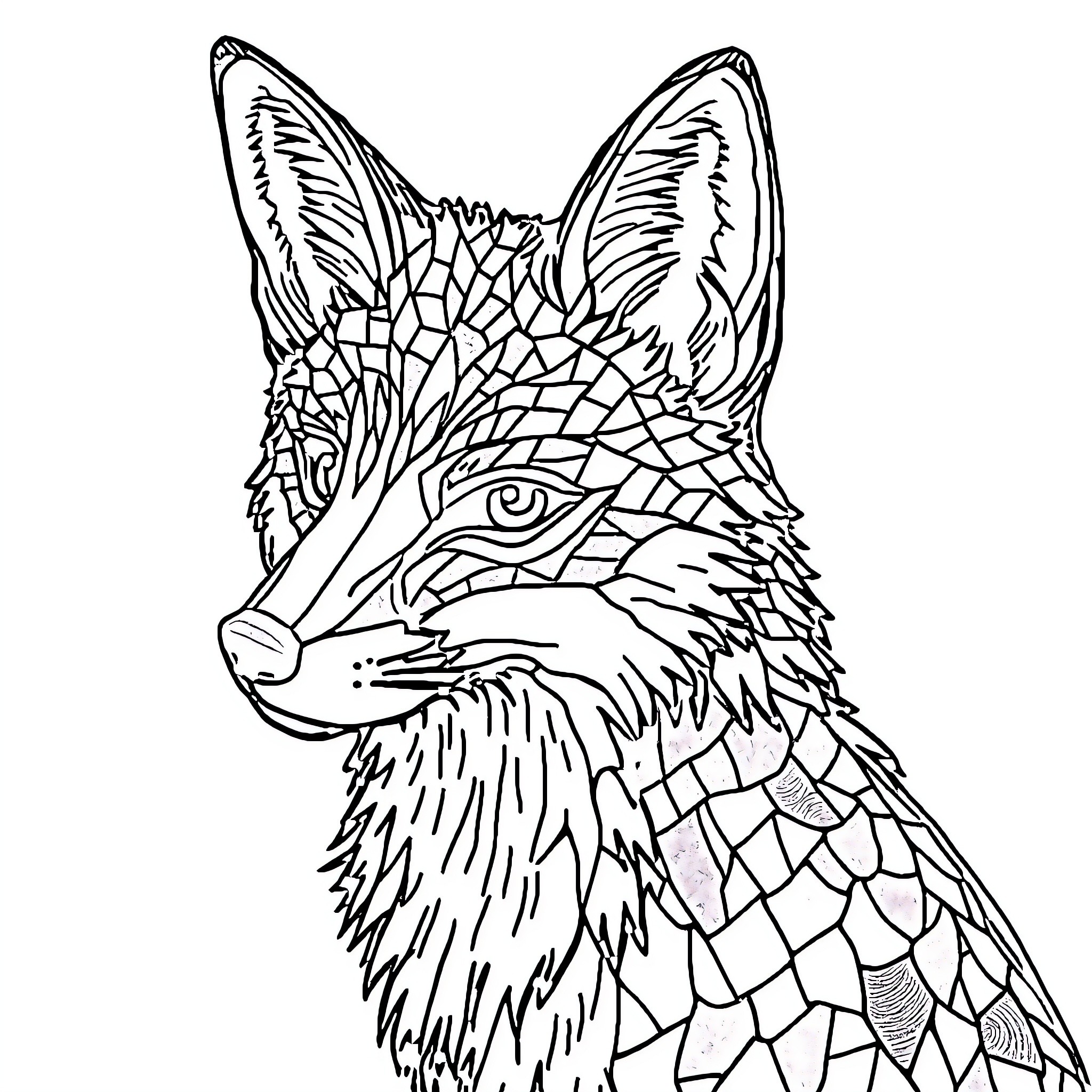 Fox with Intricate Patterned Fur Coloring Page (free black-and-white line drawing printable PDF for all, from beginners to advanced learners, including children, teens, adults, and seniors)