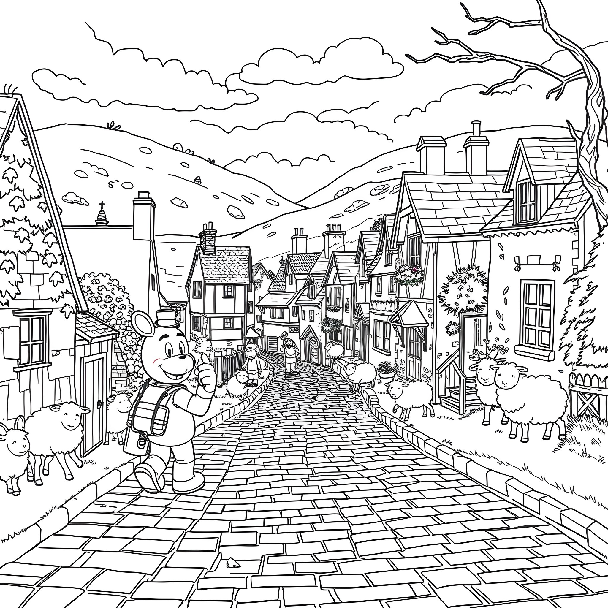 FNAF Character Exploring a Peaceful Village Coloring Page (free black-and-white line drawing printable PDF for all, from beginners to advanced learners, including children, teens, adults, and seniors)