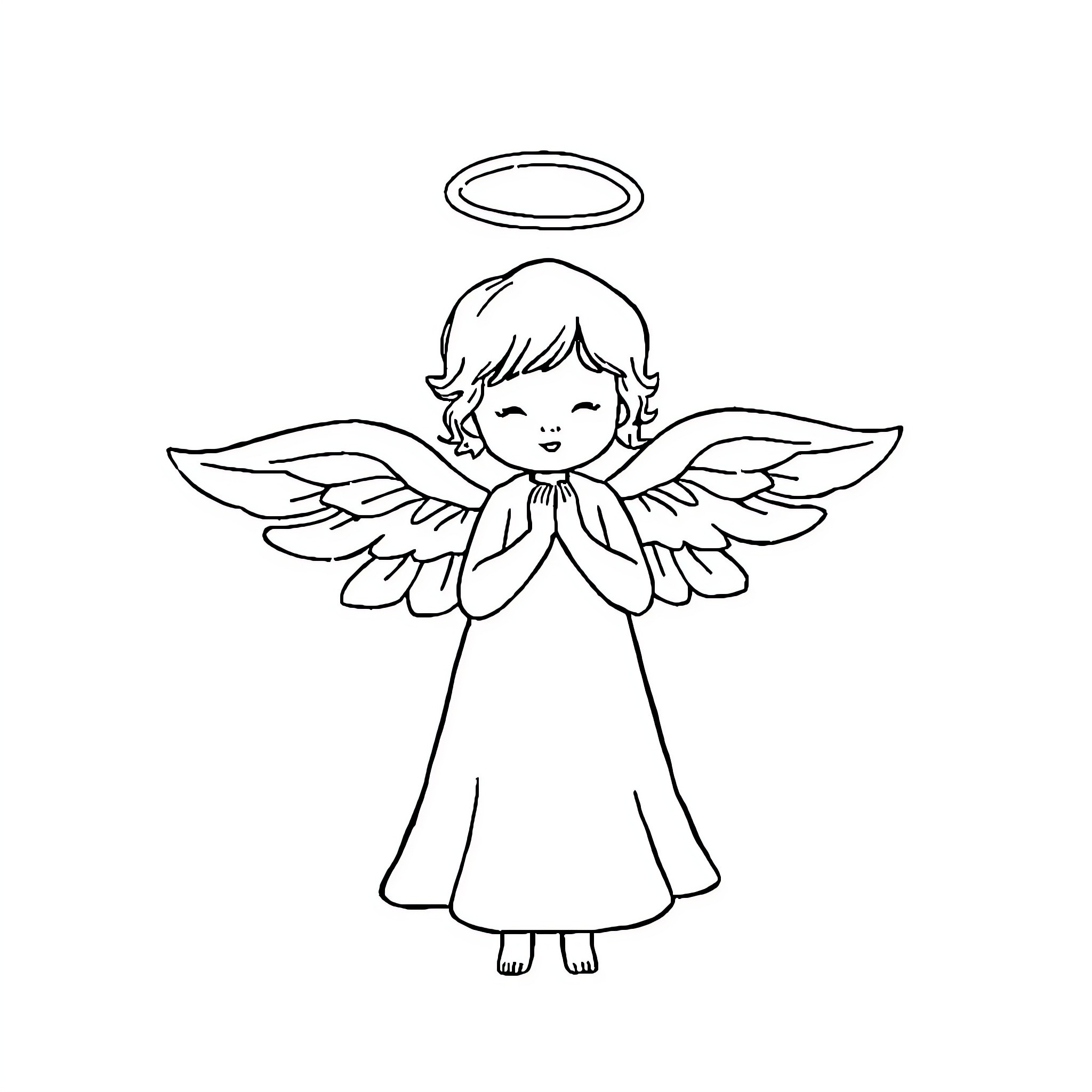 Angel praying with wings and halo Coloring Page (free black-and-white line drawing printable PDF for all, from beginners to advanced learners, including children, teens, adults, and seniors)