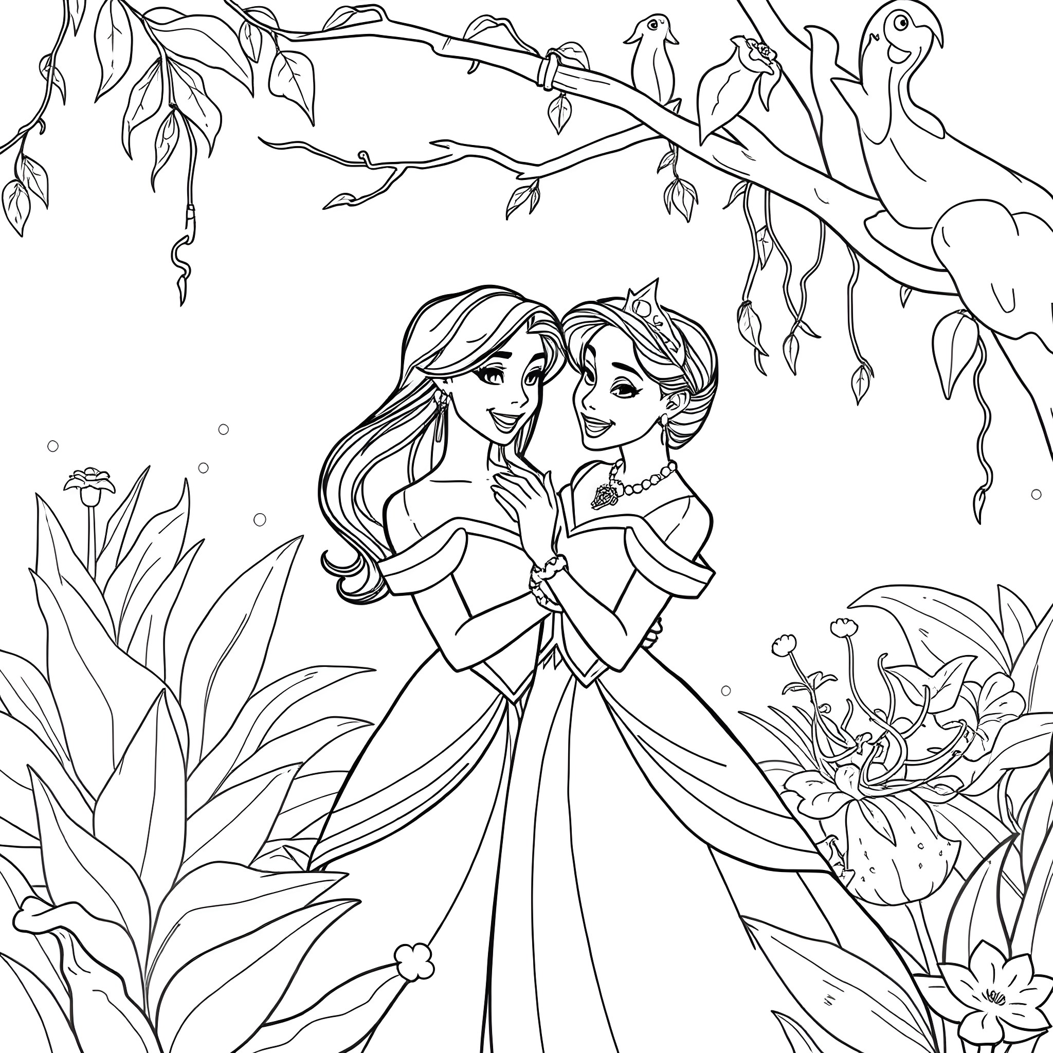 Tiana embracing her friend in a magical forest Coloring Page (free black-and-white line drawing printable PDF for all, from beginners to advanced learners, including children, teens, adults, and seniors)