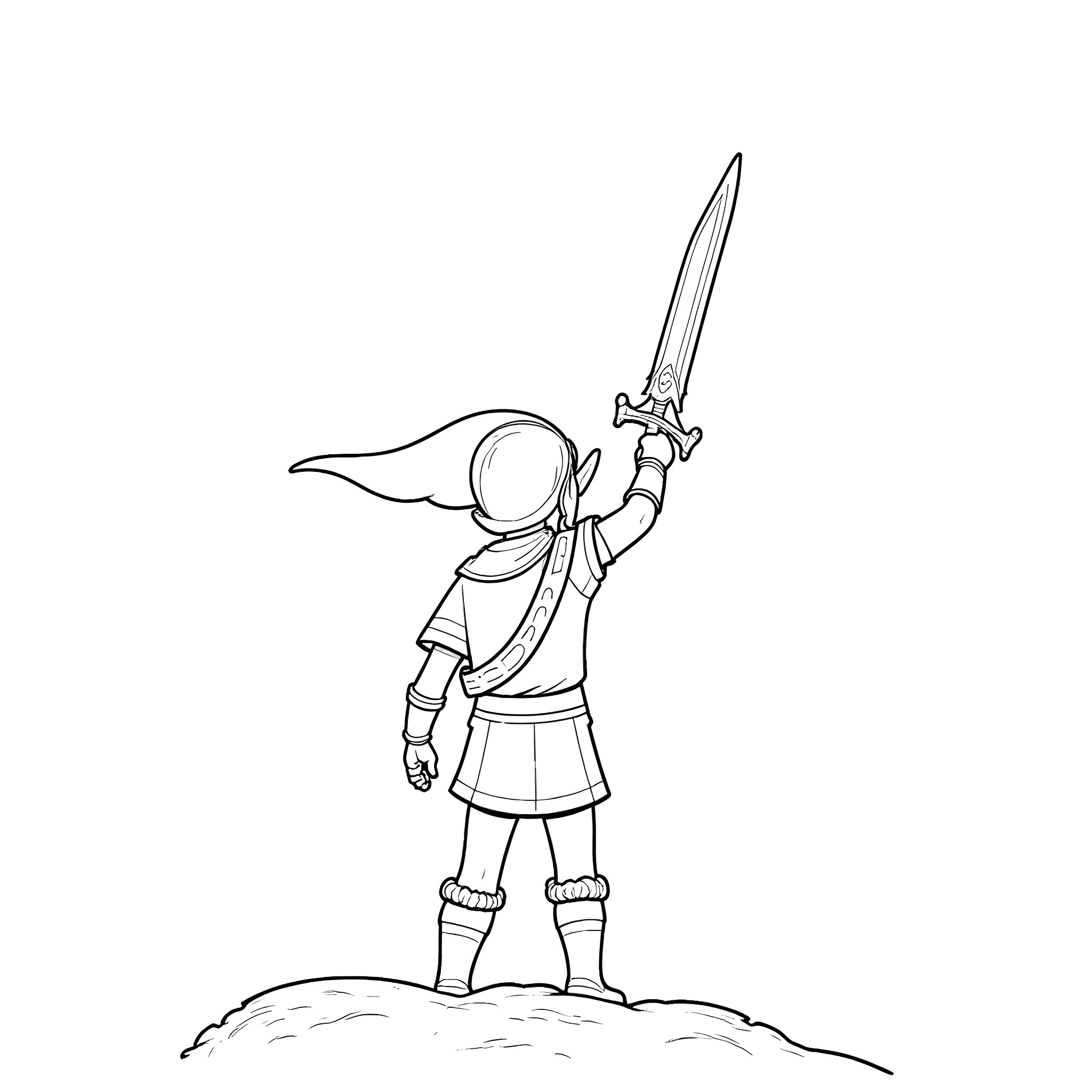 Link wielding a sword in action pose Coloring Page (free black-and-white line drawing printable PDF for all, from beginners to advanced learners, including children, teens, adults, and seniors)