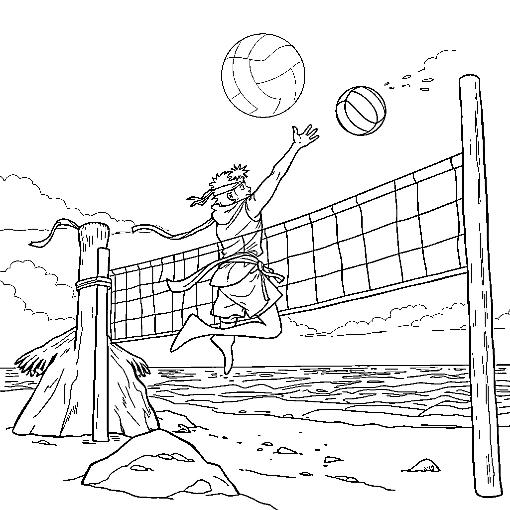 Strider Hiryu playing beach volleyball on the shore Coloring Page (free black-and-white line drawing printable PDF for all, from beginners to advanced learners, including children, teens, adults, and seniors)