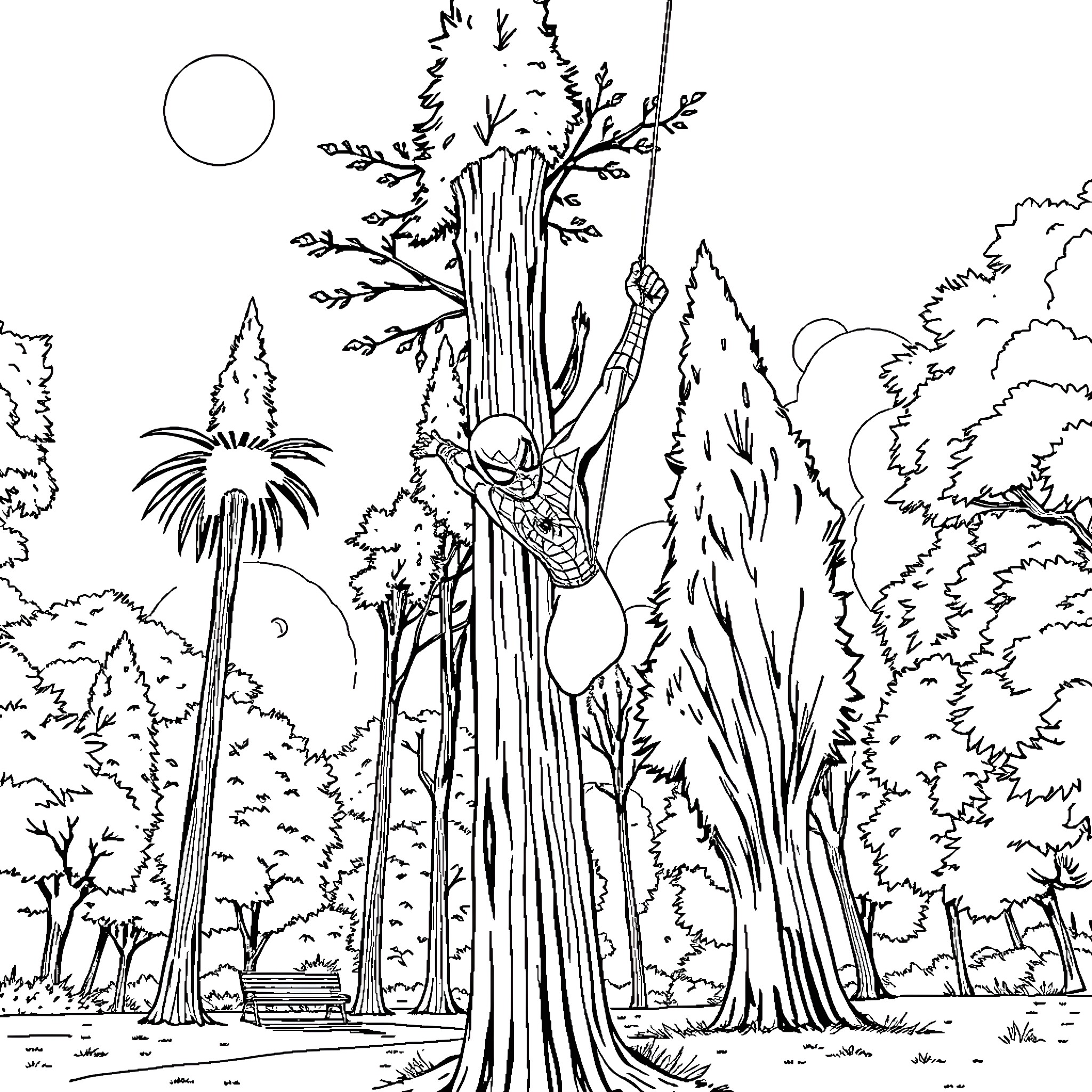 Spider-Man swinging through lush forest scenery Coloring Page (free black-and-white line drawing printable PDF for all, from beginners to advanced learners, including children, teens, adults, and seniors)