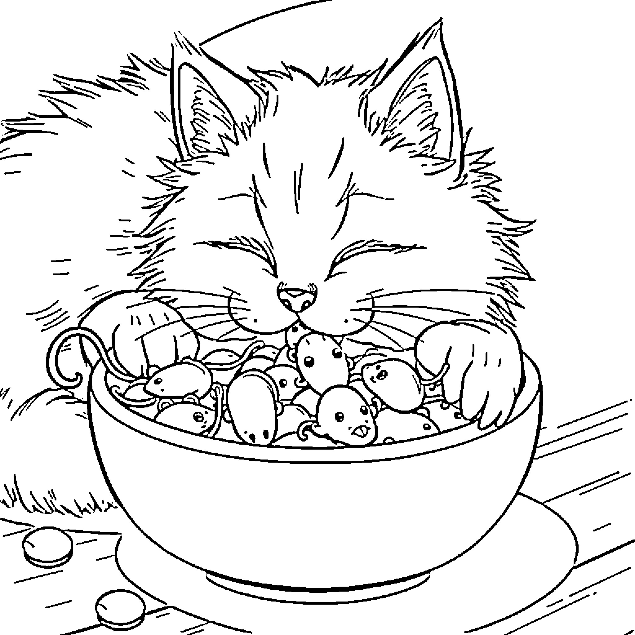 Cat enjoying a bowl of cute friends Coloring Page (free black-and-white line drawing printable PDF for all, from beginners to advanced learners, including children, teens, adults, and seniors)