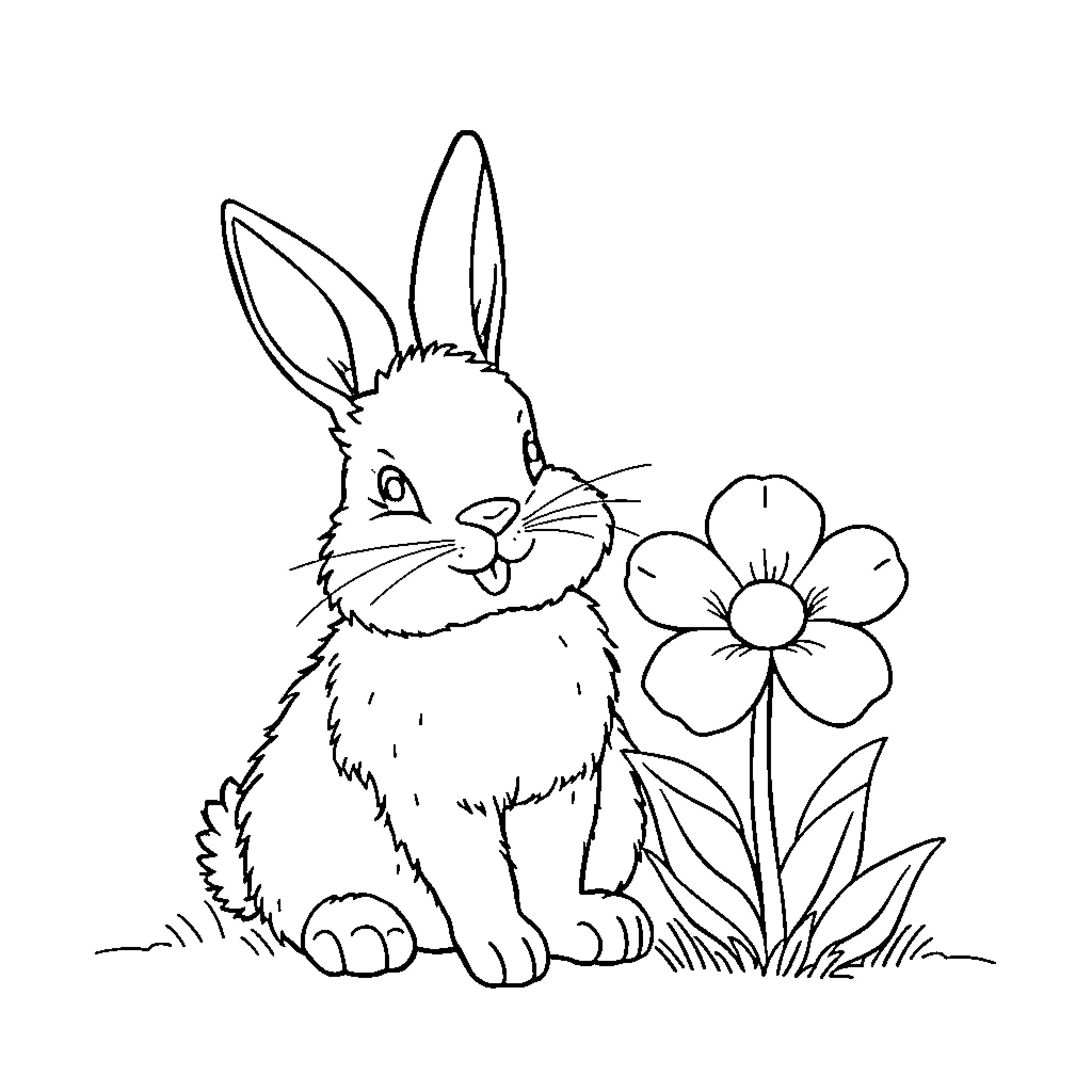 Bunny sitting with flower in field Coloring Page (free black-and-white line drawing printable PDF for all, from beginners to advanced learners, including children, teens, adults, and seniors)
