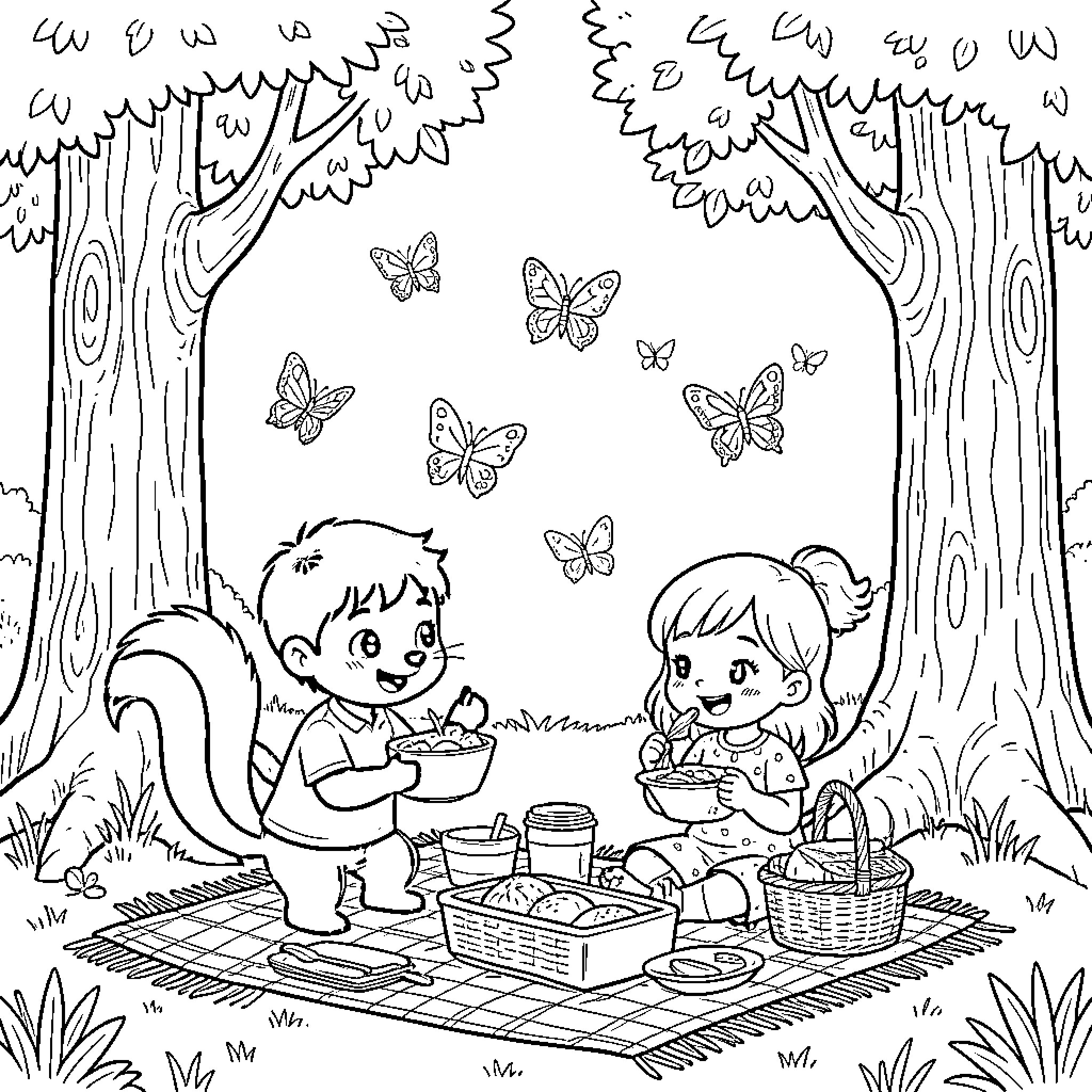Skunk friends enjoying a picnic in the forest Coloring Page (free black-and-white line drawing printable PDF for all, from beginners to advanced learners, including children, teens, adults, and seniors)