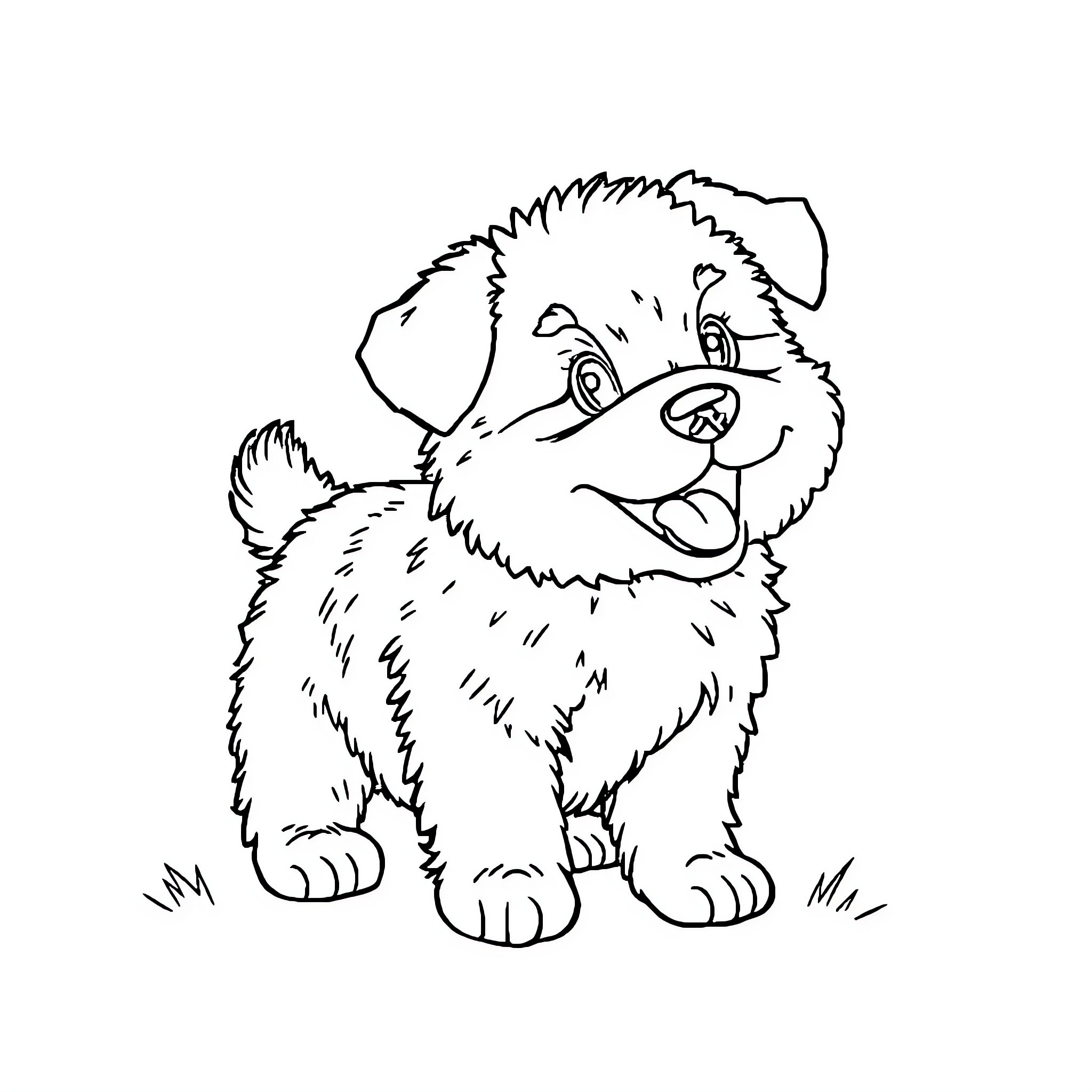 Puppy sitting happily on the grass Coloring Page (free black-and-white line drawing printable PDF for all, from beginners to advanced learners, including children, teens, adults, and seniors)