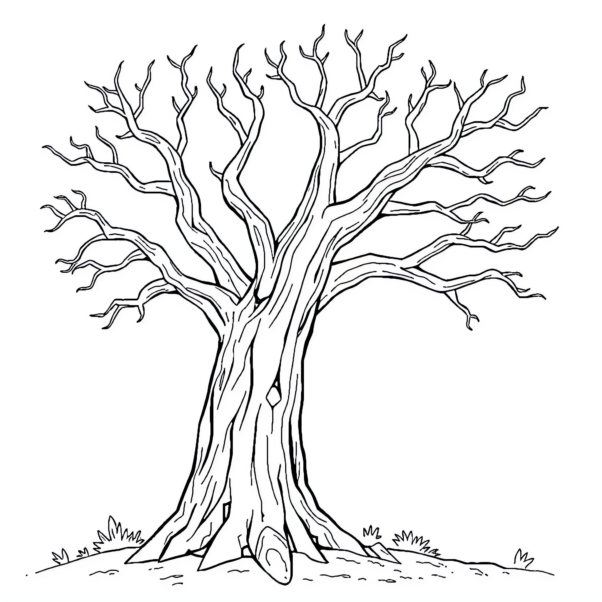 Tree with Twisted, Gnarled Branches Coloring Page (free black-and-white line drawing printable PDF for all, from beginners to advanced learners, including children, teens, adults, and seniors)
