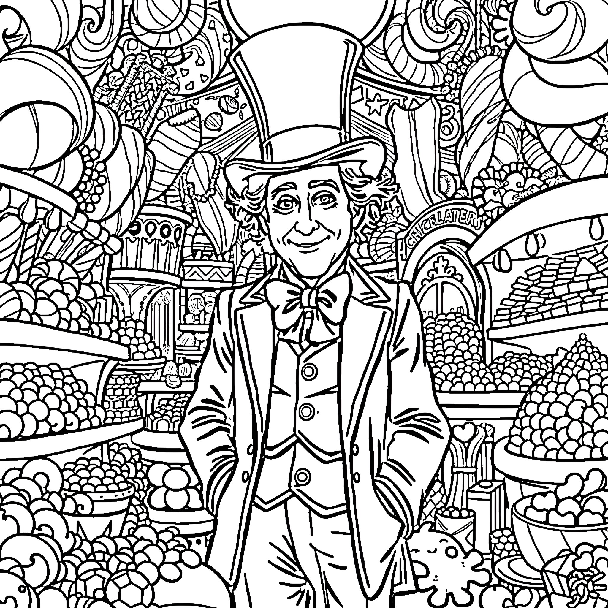 Willy Wonka's Whimsical Wonderland Coloring Page (free black-and-white line drawing printable PDF for all, from beginners to advanced learners, including children, teens, adults, and seniors)