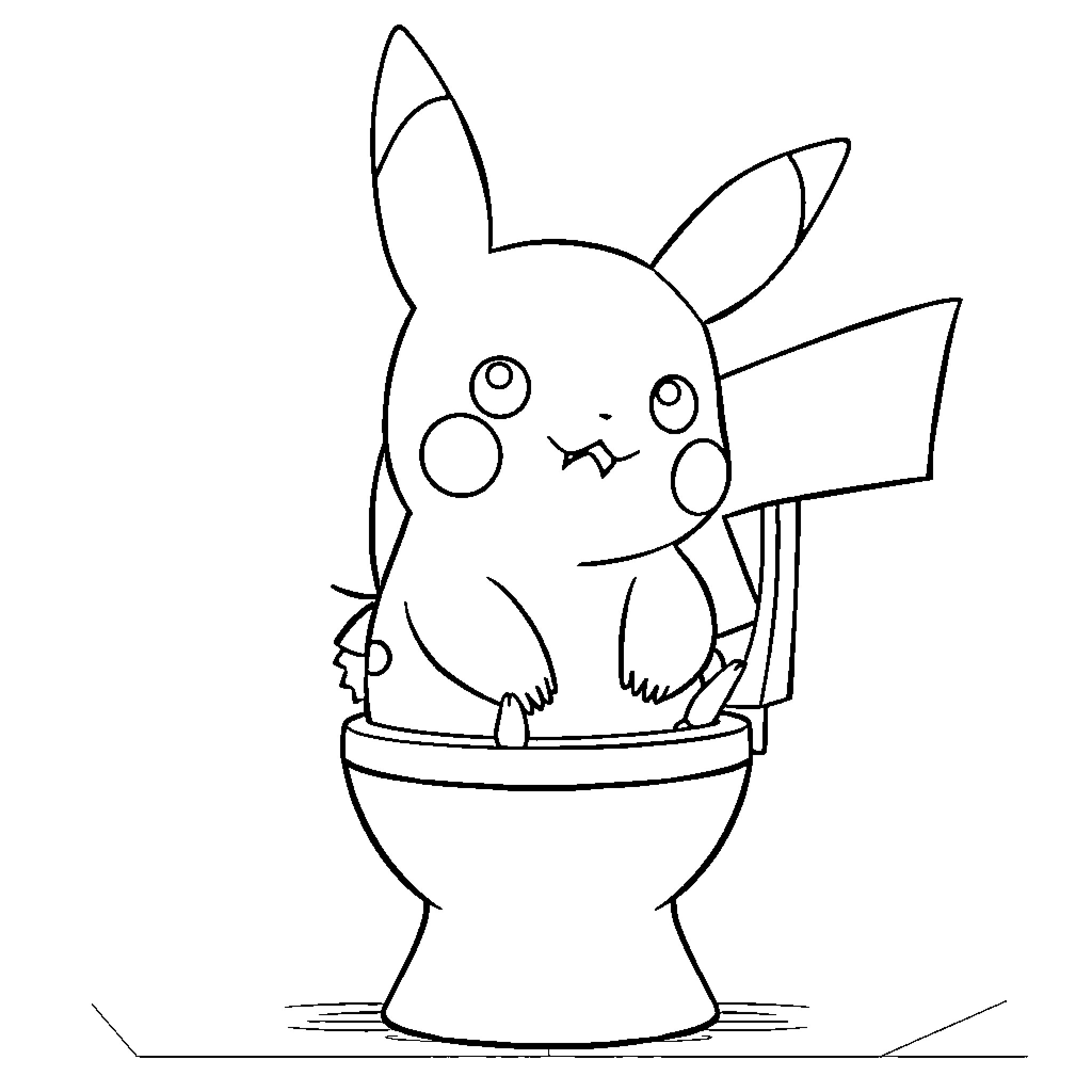 Pikachu sitting in toilet with curious expression Coloring Page (free black-and-white line drawing printable PDF for all, from beginners to advanced learners, including children, teens, adults, and seniors)