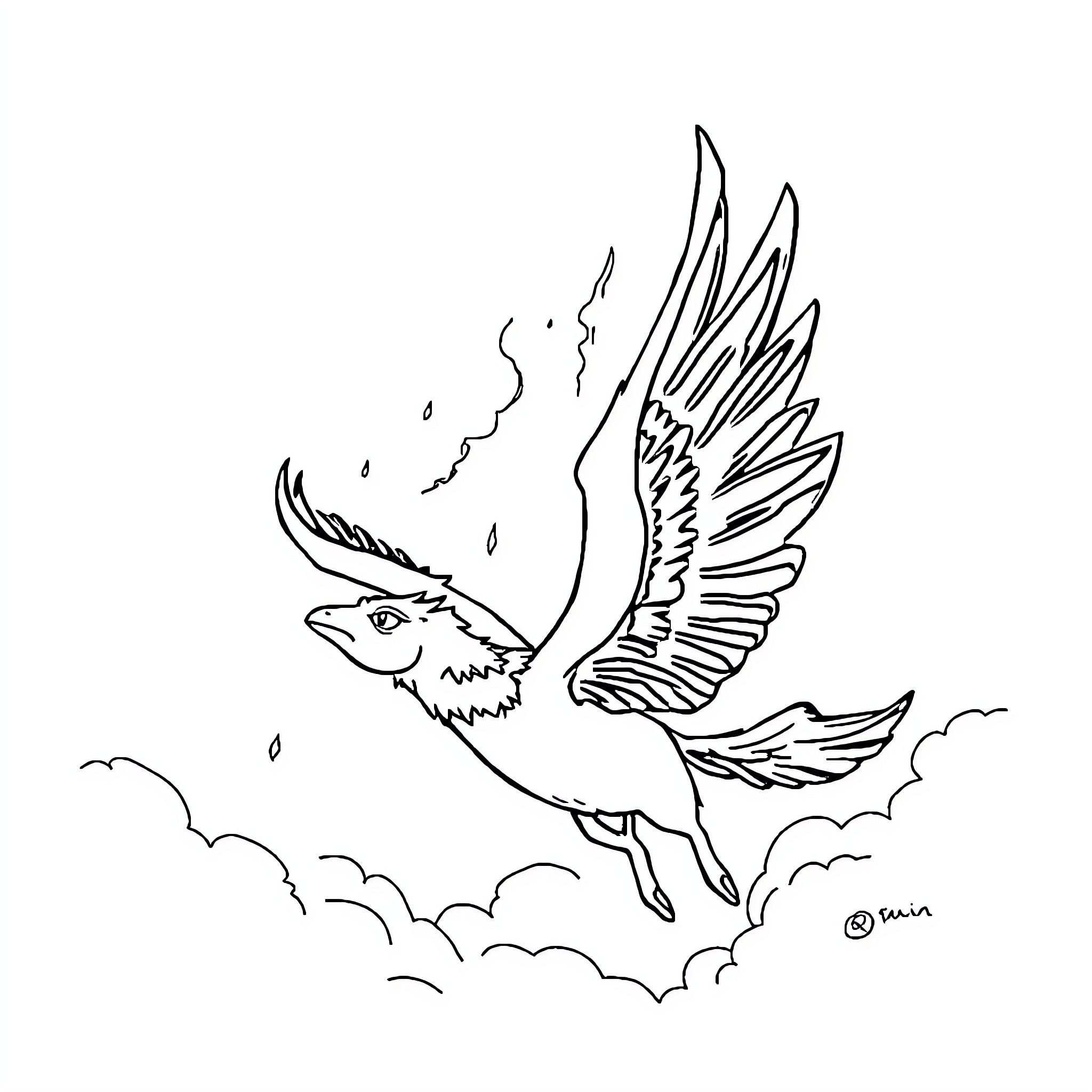 Wings soaring through the clouds Coloring Page (free black-and-white line drawing printable PDF for all, from beginners to advanced learners, including children, teens, adults, and seniors)