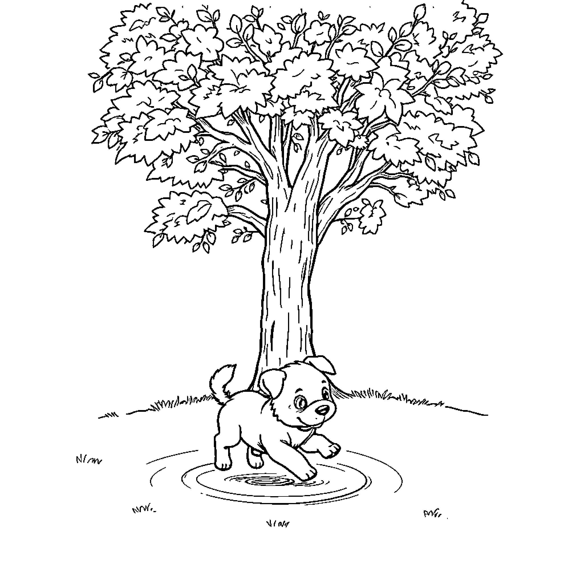 Puppy exploring the tree and puddle Coloring Page (free black-and-white line drawing printable PDF for all, from beginners to advanced learners, including children, teens, adults, and seniors)
