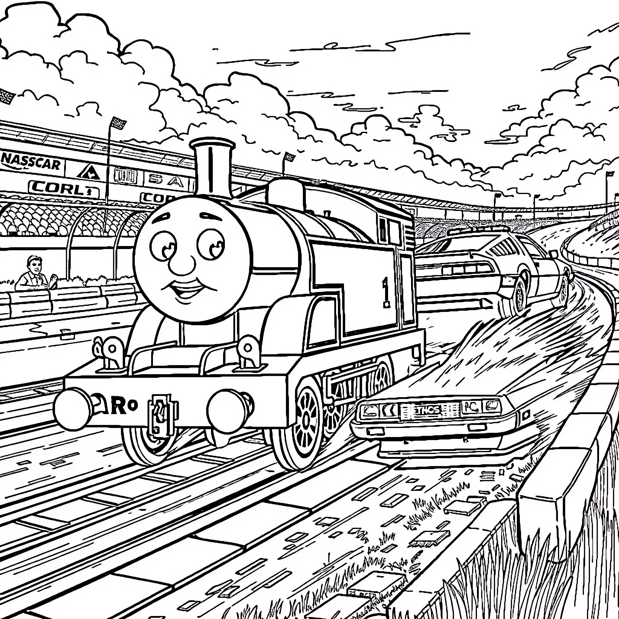 Thomas the Train Engine Chugging Through the Countryside Coloring Page (free black-and-white line drawing printable PDF for all, from beginners to advanced learners, including children, teens, adults, and seniors)