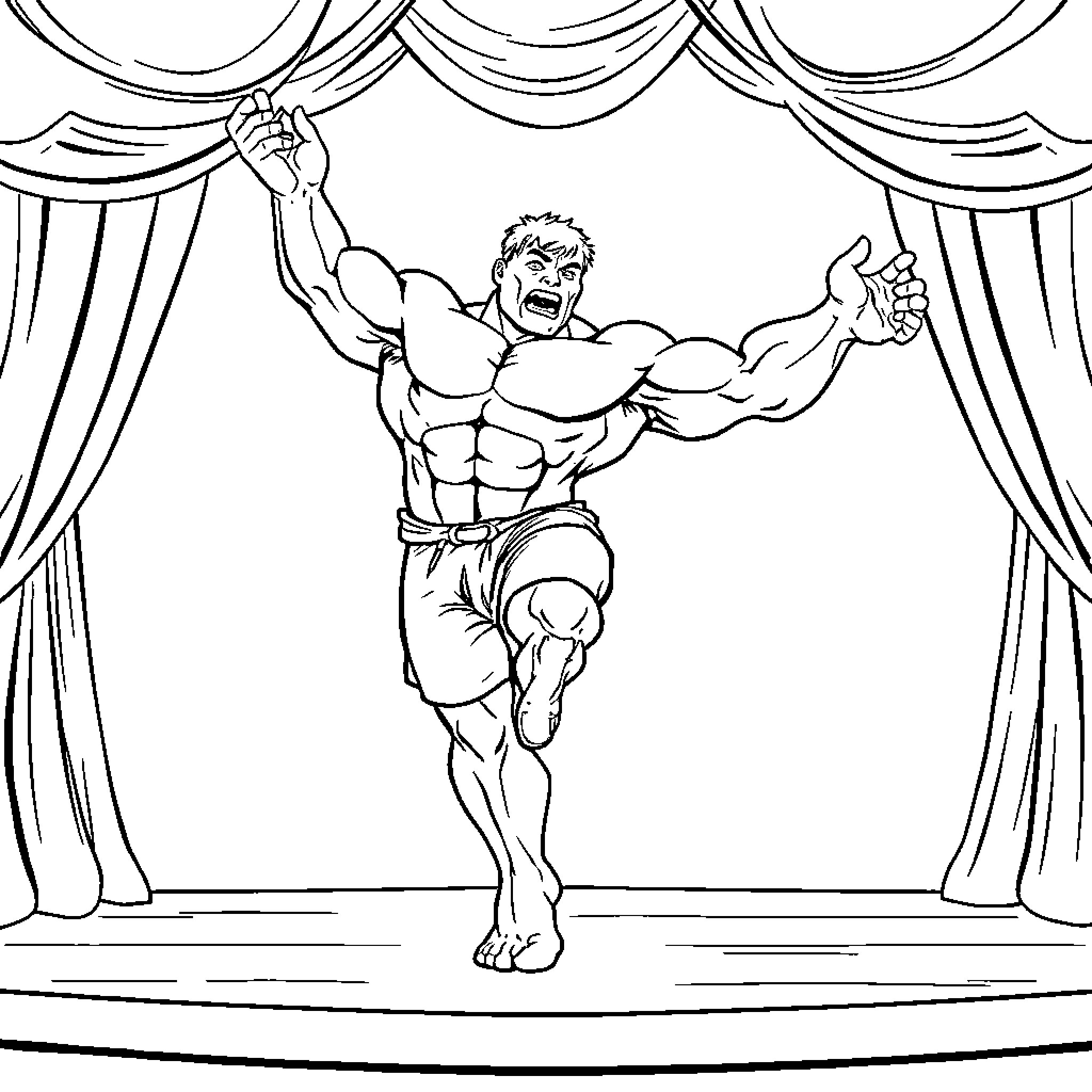 Hulk Unleashing Strength on Stage Coloring Page (free black-and-white line drawing printable PDF for all, from beginners to advanced learners, including children, teens, adults, and seniors)