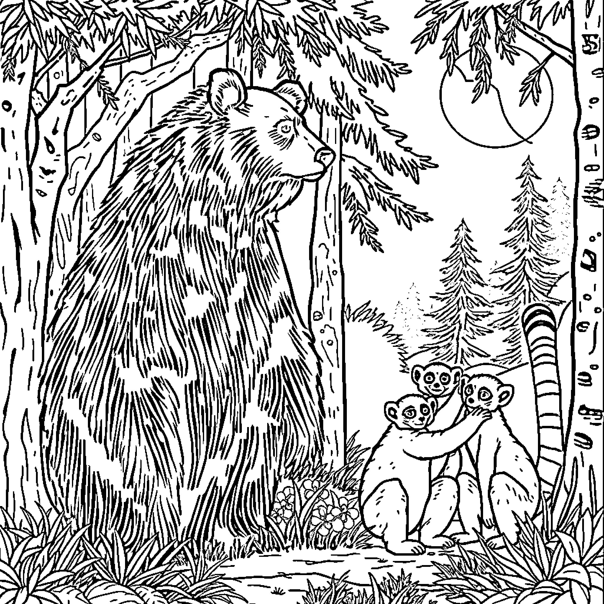 Grizzly Bear Observing Playful Lemurs in the Forest Coloring Page (free black-and-white line drawing printable PDF for all, from beginners to advanced learners, including children, teens, adults, and seniors)