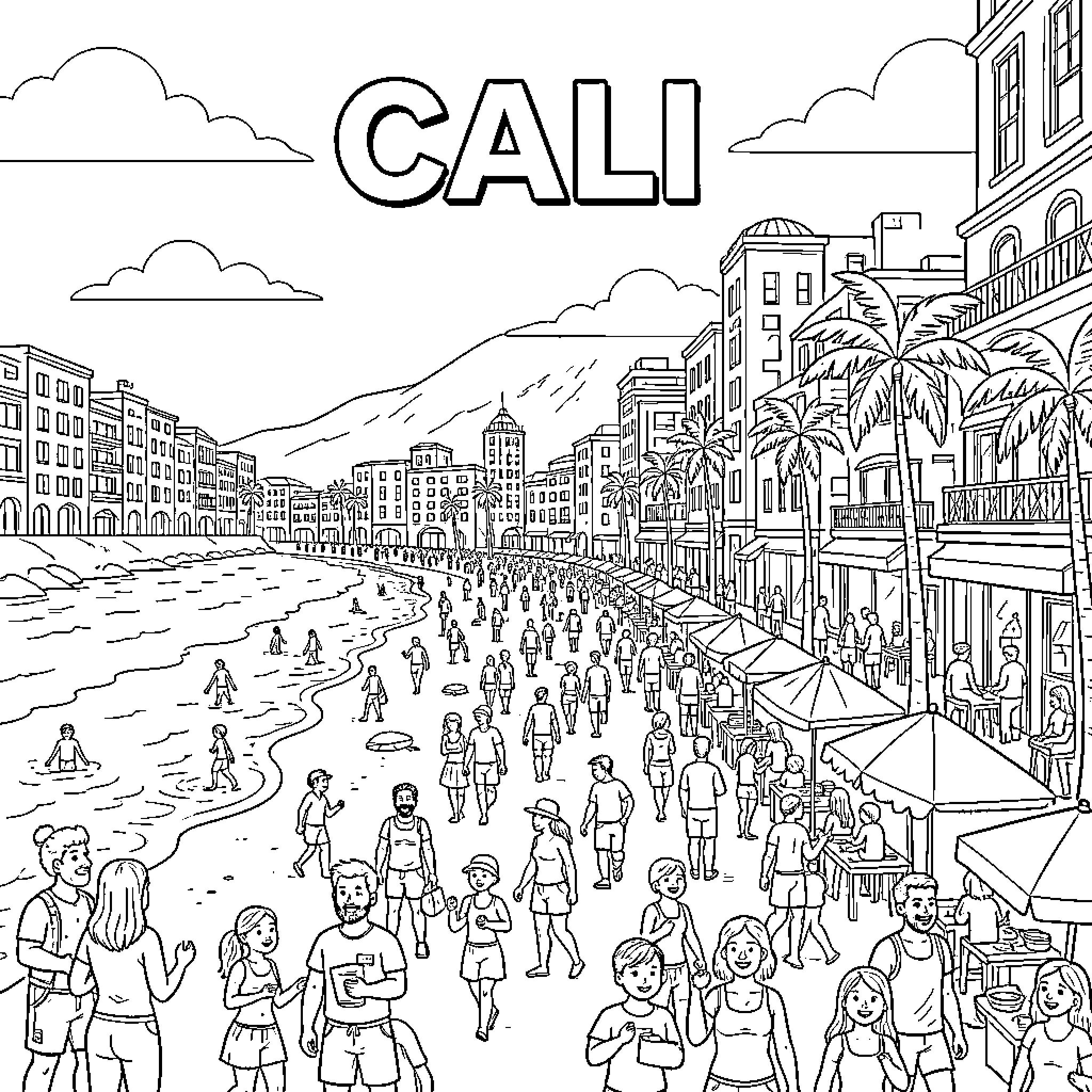Cali beach scene with many people walking and relaxing Coloring Page (free black-and-white line drawing printable PDF for all, from beginners to advanced learners, including children, teens, adults, and seniors)