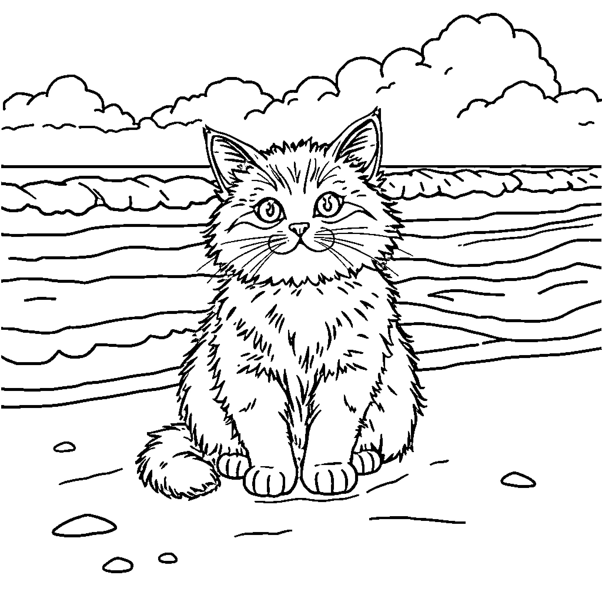 Cat gazing at the tranquil seashore Coloring Page (free black-and-white line drawing printable PDF for all, from beginners to advanced learners, including children, teens, adults, and seniors)