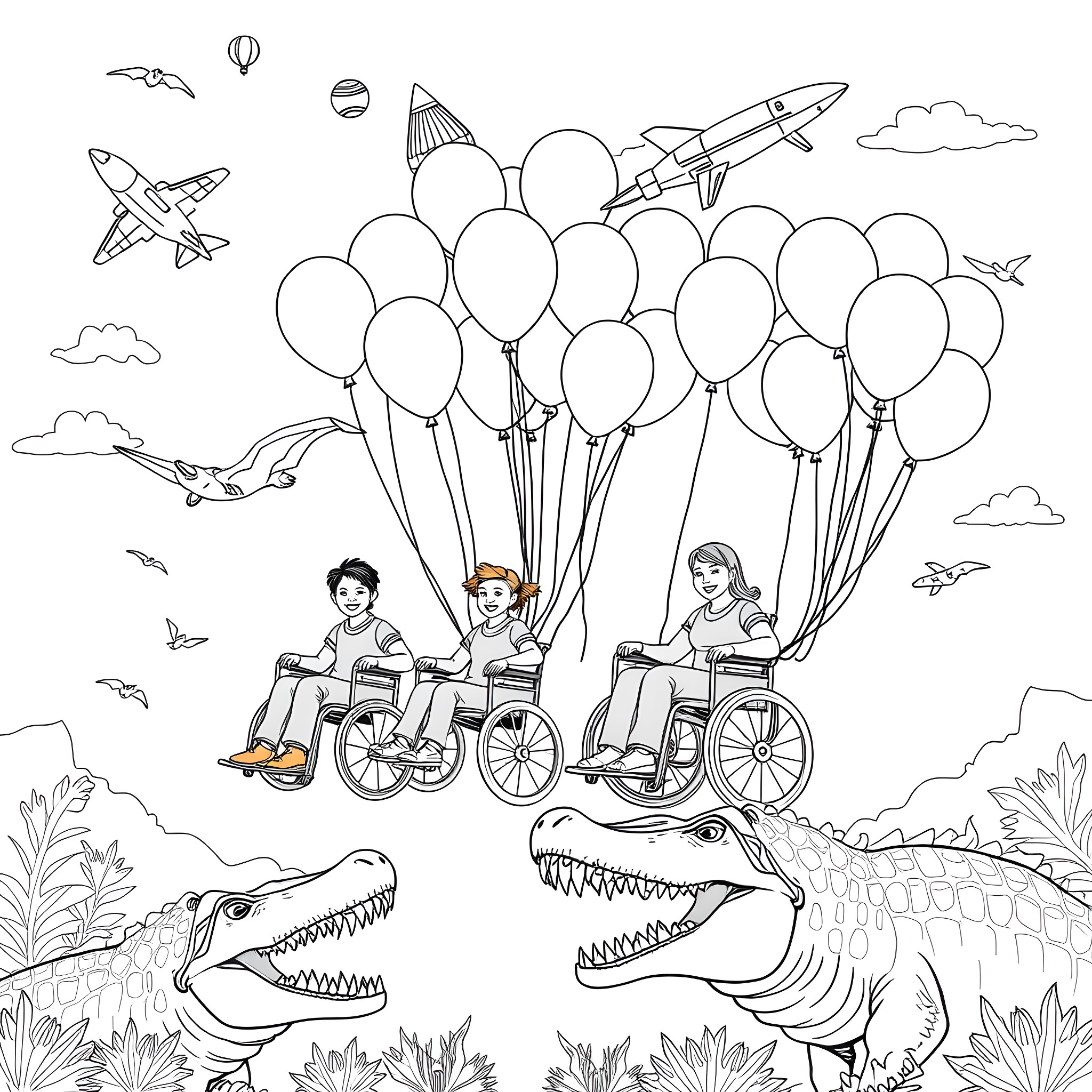 Person floating with balloons in whimsical landscape Coloring Page (free black-and-white line drawing printable PDF for all, from beginners to advanced learners, including children, teens, adults, and seniors)