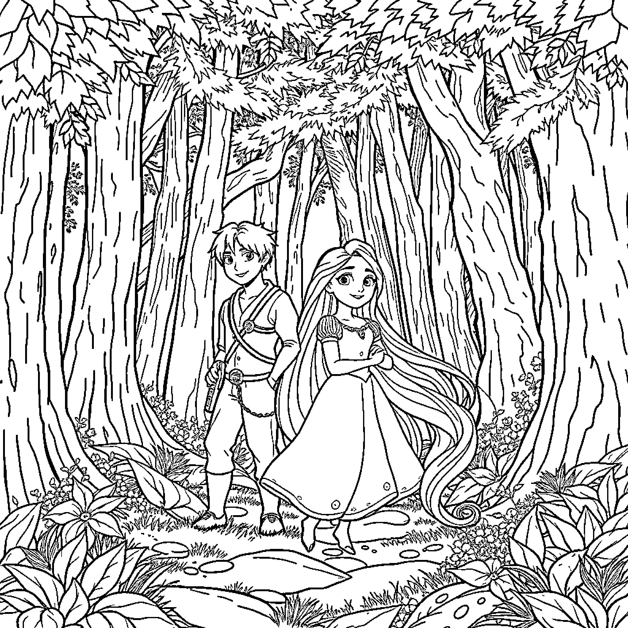 Rapunzel and her companion exploring the enchanted forest Coloring Page (free black-and-white line drawing printable PDF for all, from beginners to advanced learners, including children, teens, adults, and seniors)