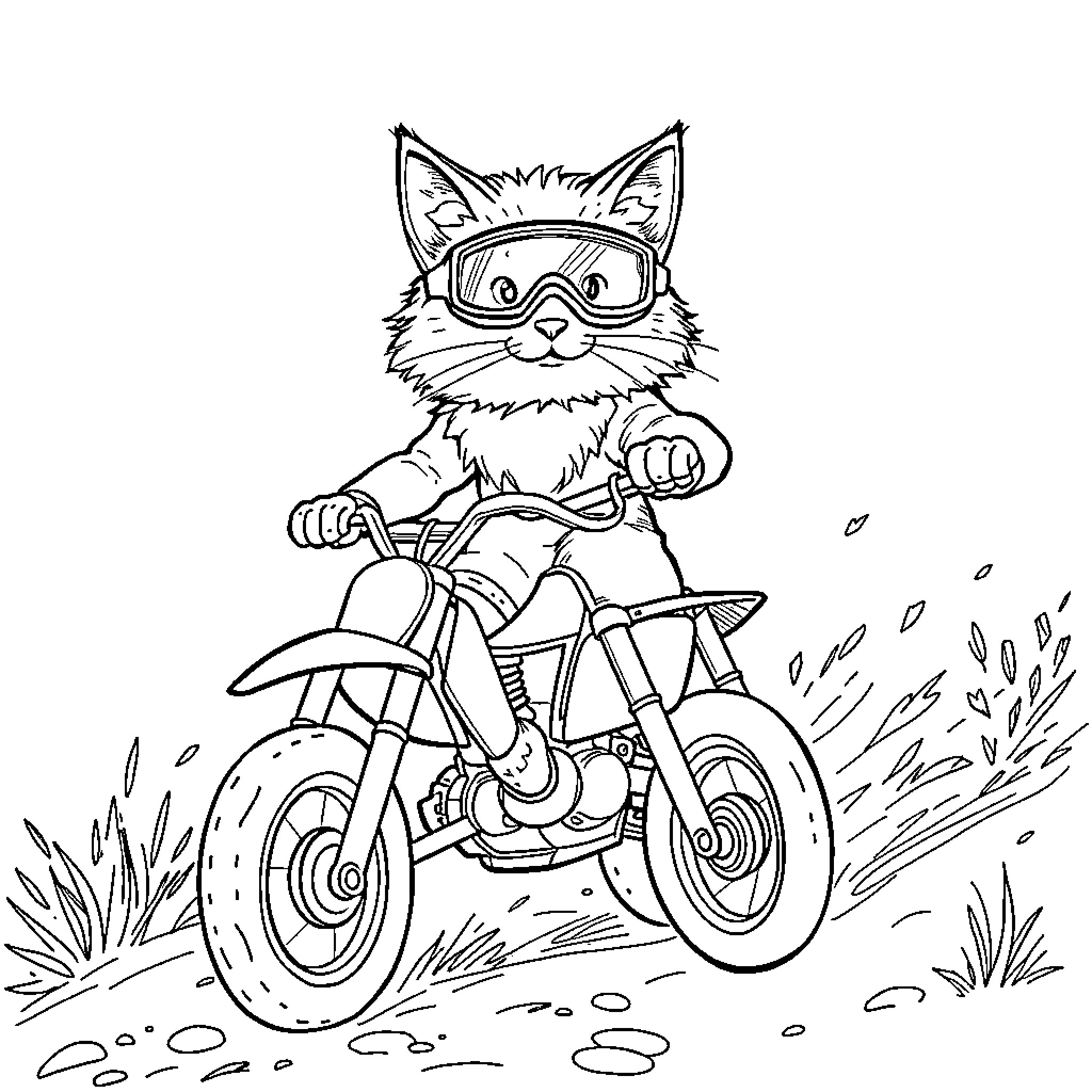 Cat riding motorcycle through the field Coloring Page (free black-and-white line drawing printable PDF for all, from beginners to advanced learners, including children, teens, adults, and seniors)