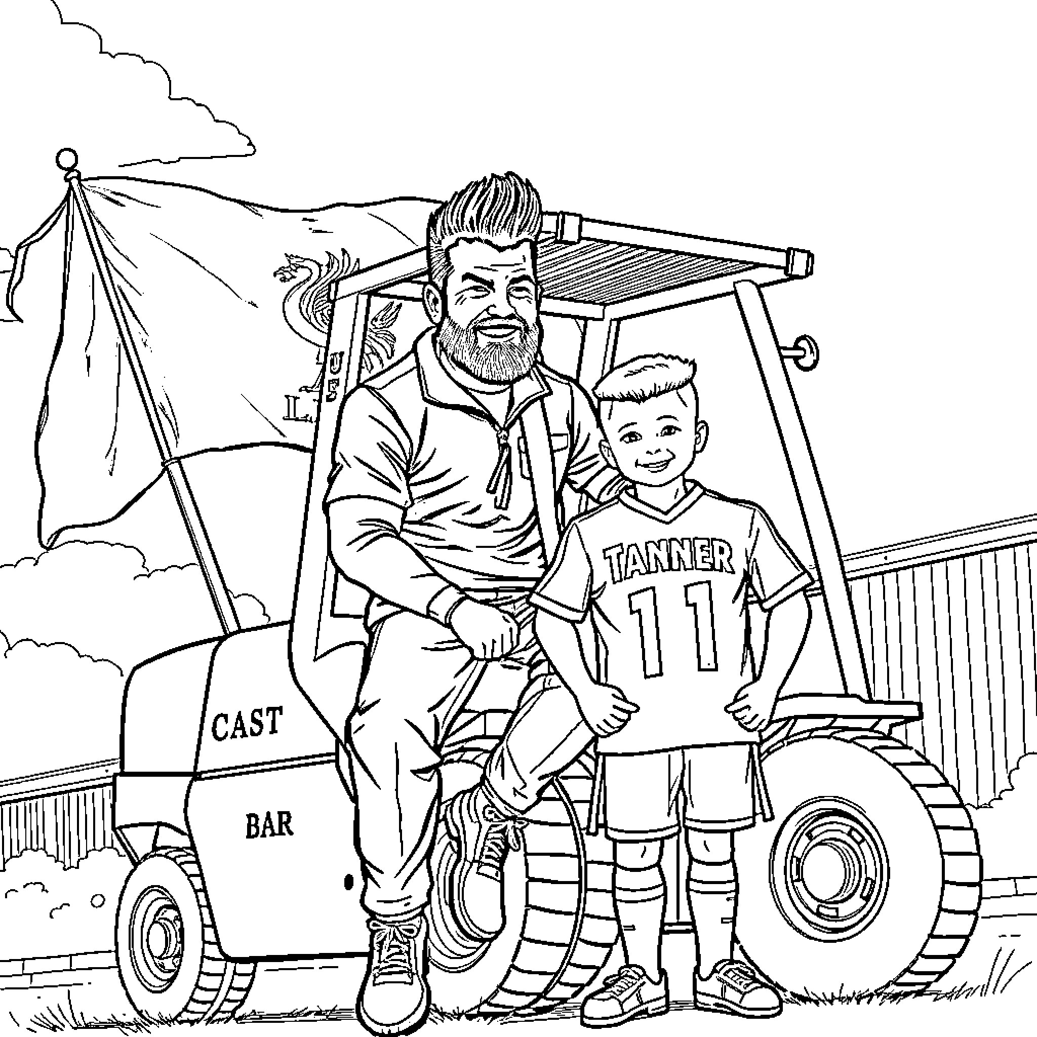 Man and Boy Enjoying a Farm Adventure Coloring Page (free black-and-white line drawing printable PDF for all, from beginners to advanced learners, including children, teens, adults, and seniors)