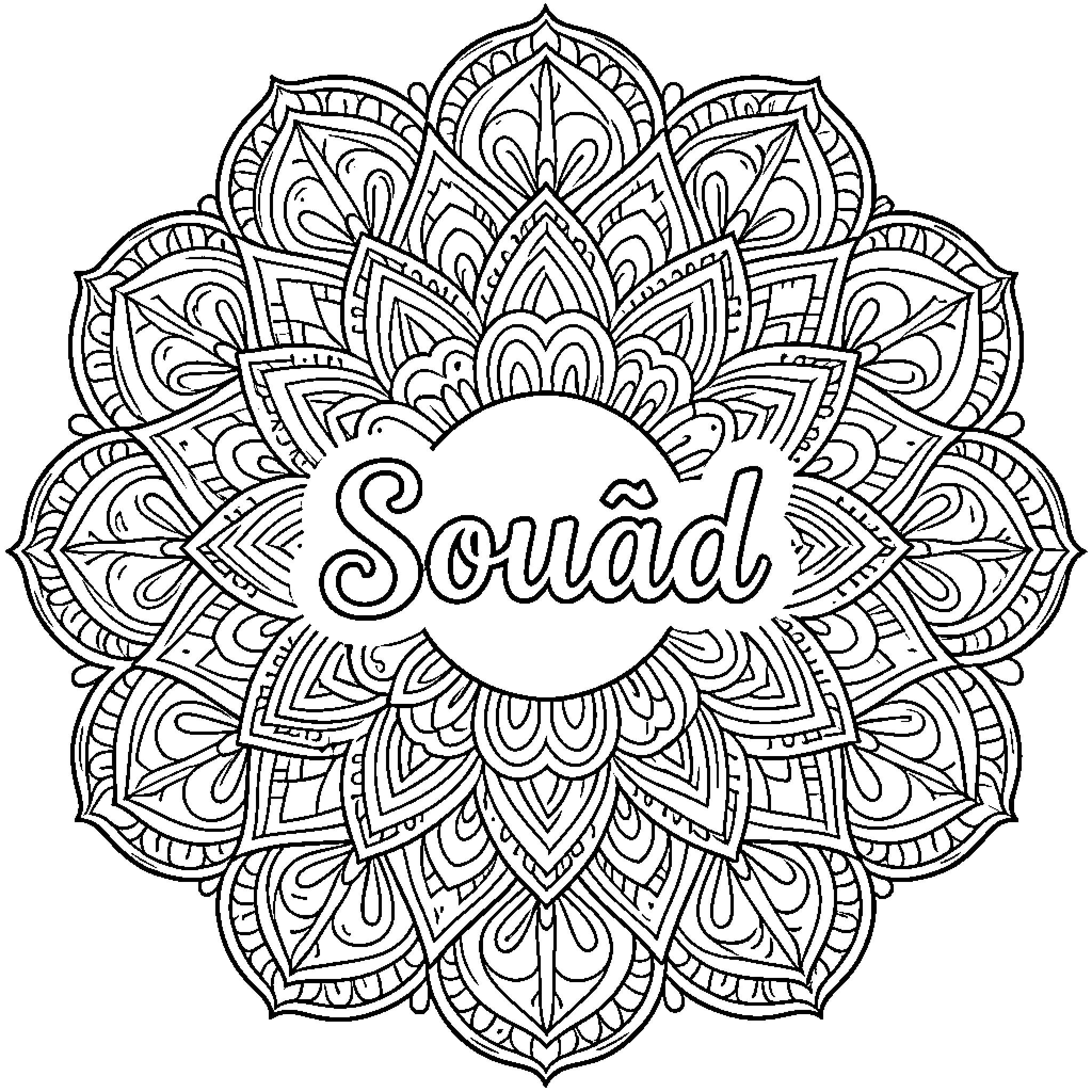 Mandala with Intricate Floral Design and Text Coloring Page (free black-and-white line drawing printable PDF for all, from beginners to advanced learners, including children, teens, adults, and seniors)